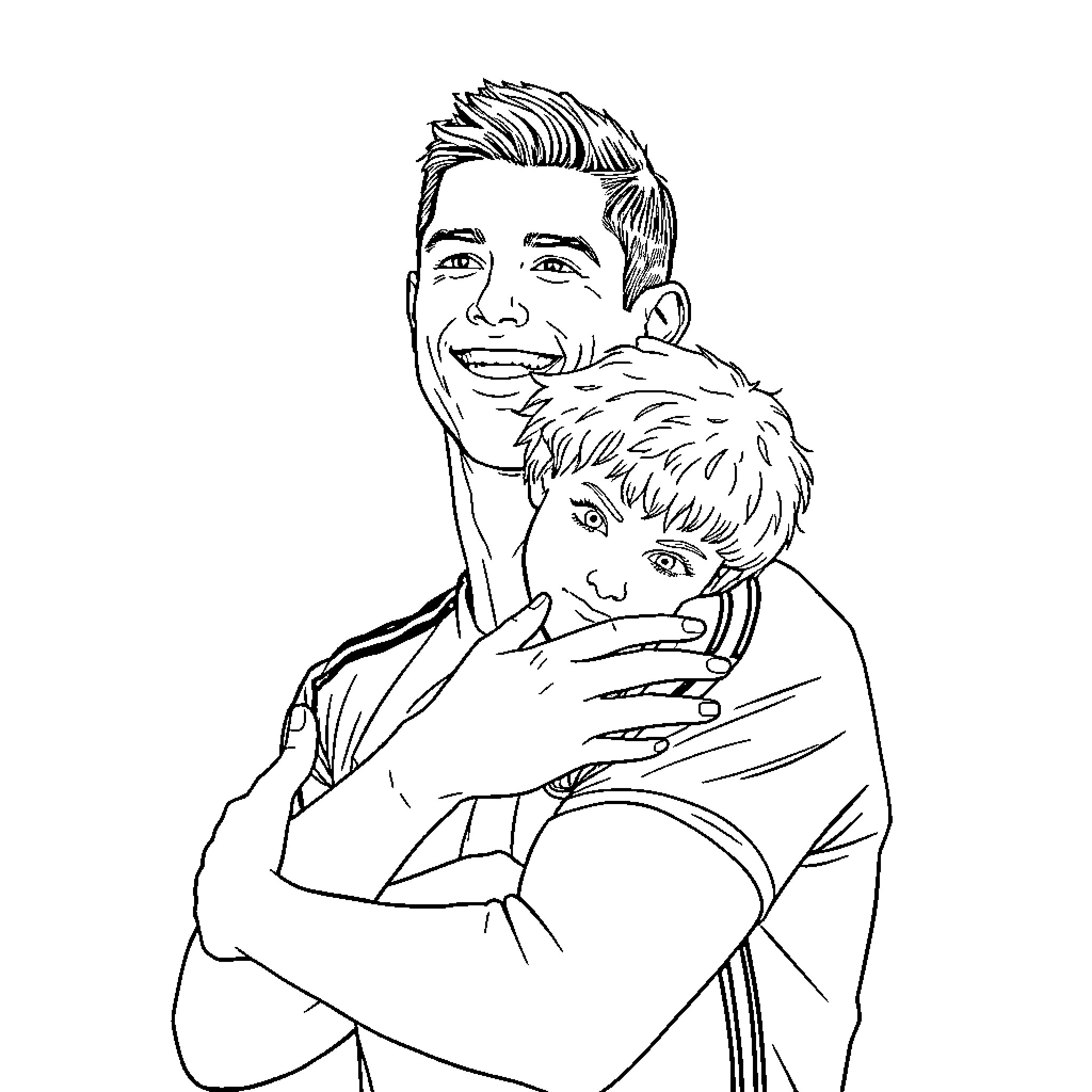 Cristiano Ronaldo hugging a young child Coloring Page (free black-and-white line drawing printable PDF for all, from beginners to advanced learners, including children, teens, adults, and seniors)
