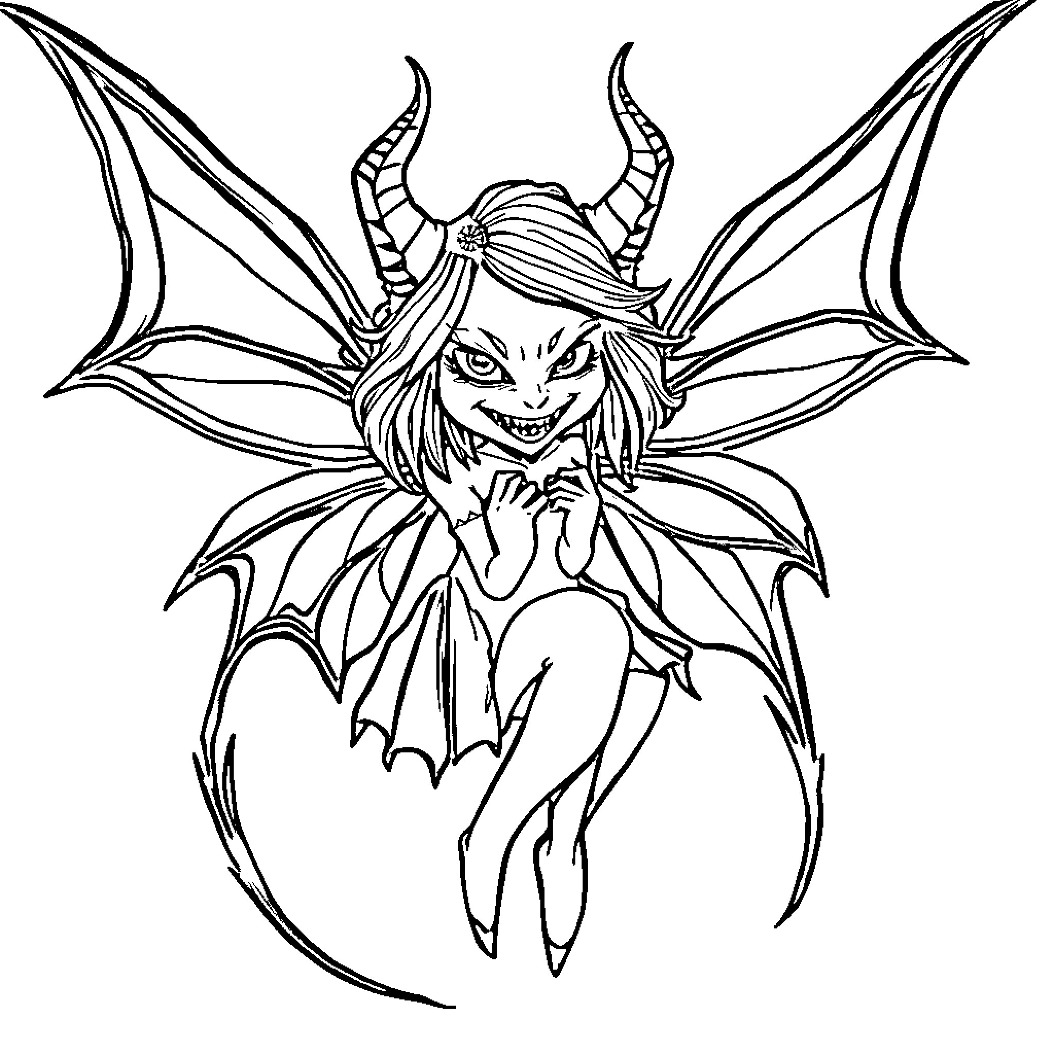 Fairy Mischievous Demon Creature with Horns and Wings Coloring Page (free black-and-white line drawing printable PDF for all, from beginners to advanced learners, including children, teens, adults, and seniors)