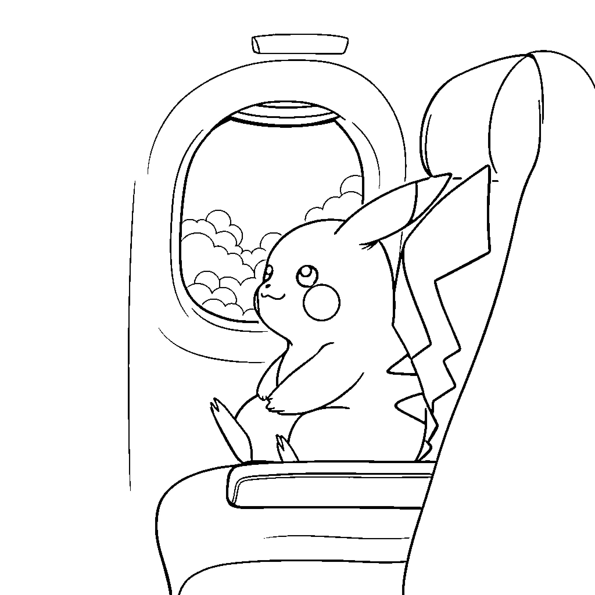 Pikachu sitting in an airplane seat looking out the window Coloring Page (free black-and-white line drawing printable PDF for all, from beginners to advanced learners, including children, teens, adults, and seniors)