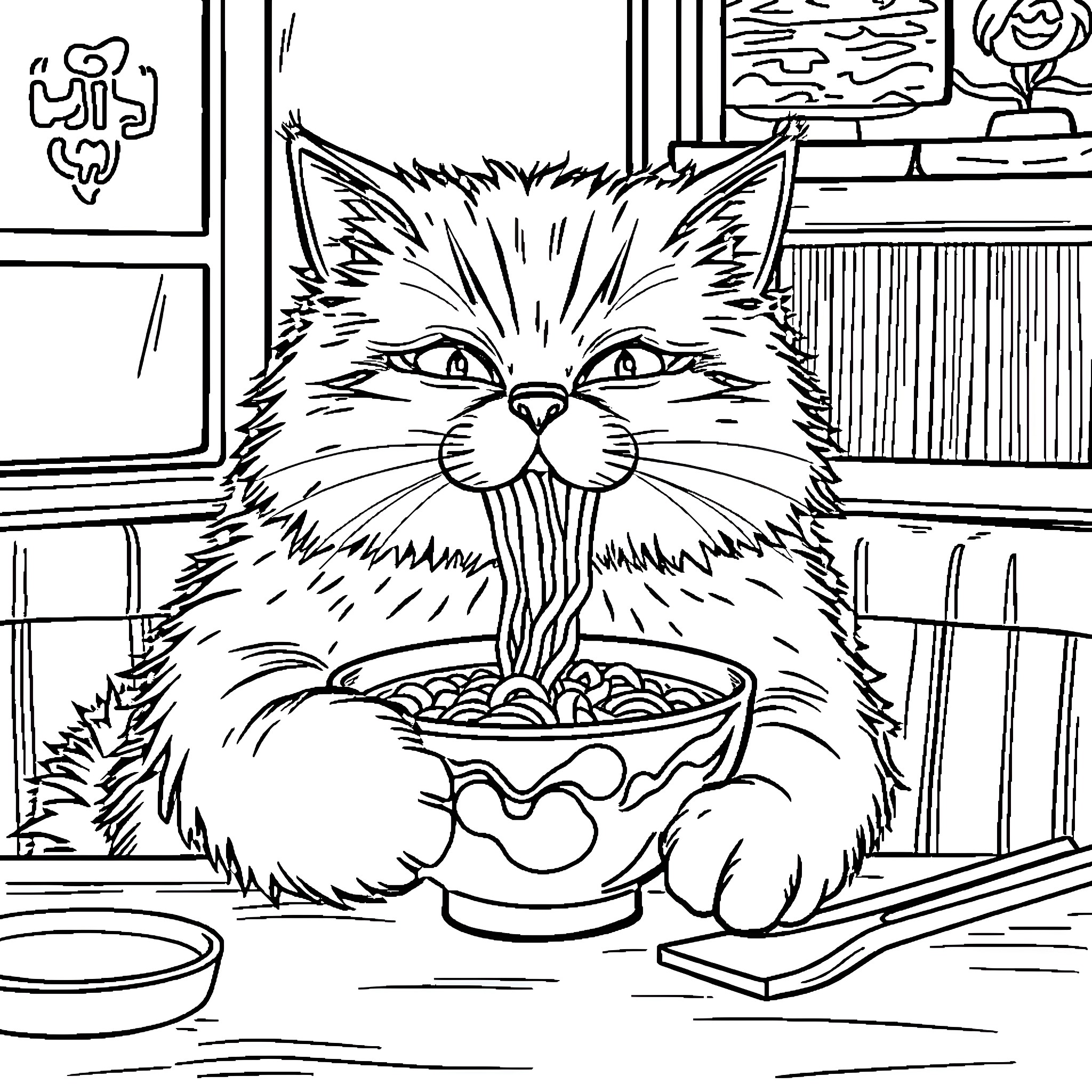 Cat enjoying a tasty meal in cozy home Coloring Page (free black-and-white line drawing printable PDF for all, from beginners to advanced learners, including children, teens, adults, and seniors)