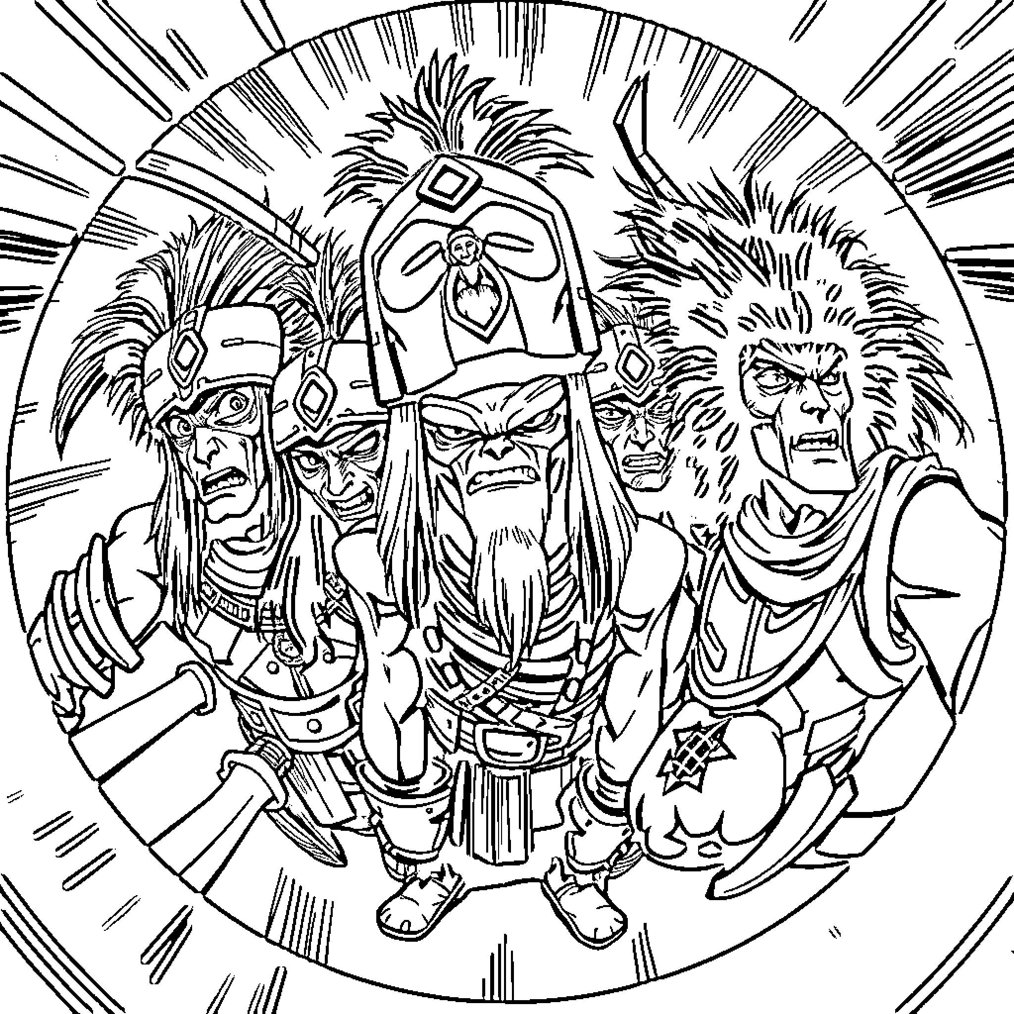 Warrior Tribal Figures Wielding Weapons in Fierce Stance Coloring Page (free black-and-white line drawing printable PDF for all, from beginners to advanced learners, including children, teens, adults, and seniors)