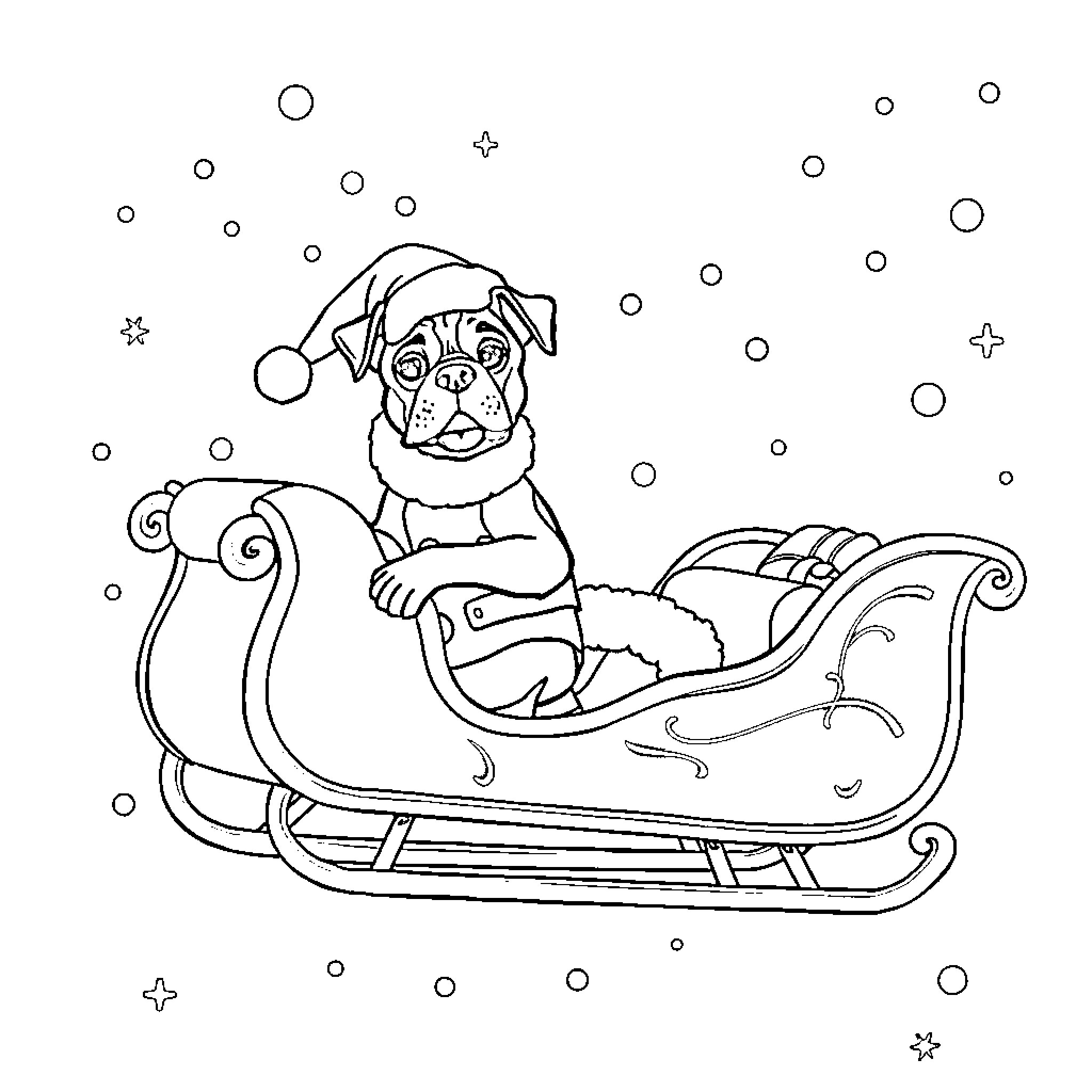 Boxer enjoying a sled ride in the winter Coloring Page (free black-and-white line drawing printable PDF for all, from beginners to advanced learners, including children, teens, adults, and seniors)