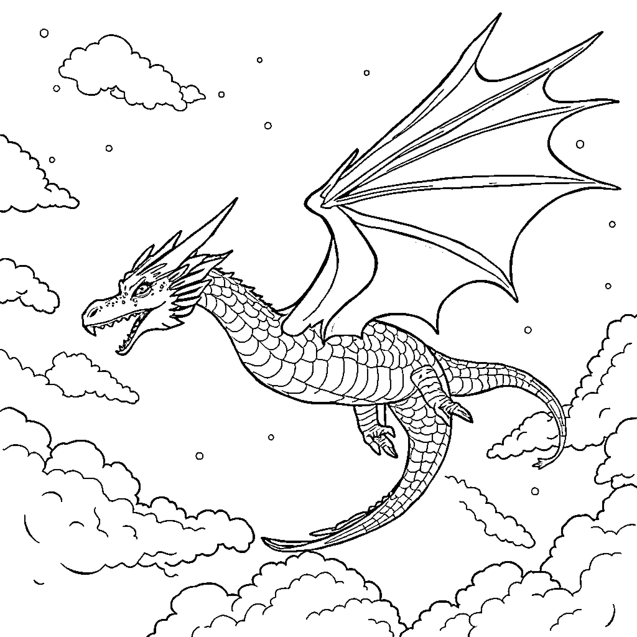 Evoli dragon soaring through the cloudy sky Coloring Page (free black-and-white line drawing printable PDF for all, from beginners to advanced learners, including children, teens, adults, and seniors)