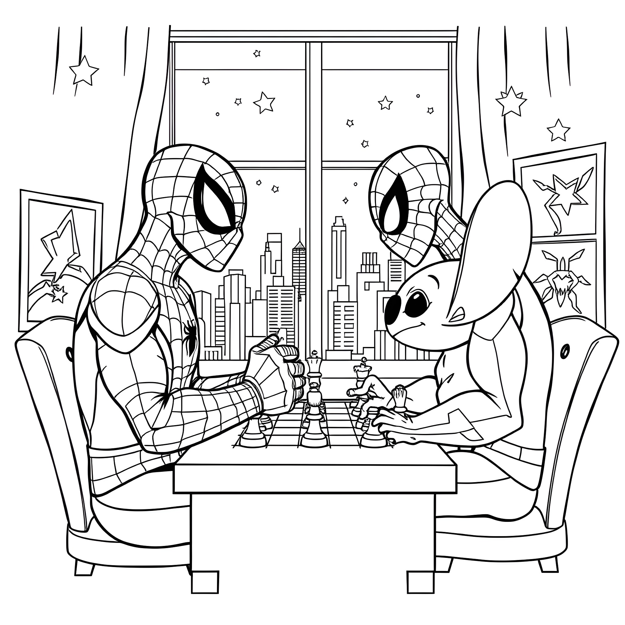 Spiderman playing chess with his friends Coloring Page (free black-and-white line drawing printable PDF for all, from beginners to advanced learners, including children, teens, adults, and seniors)