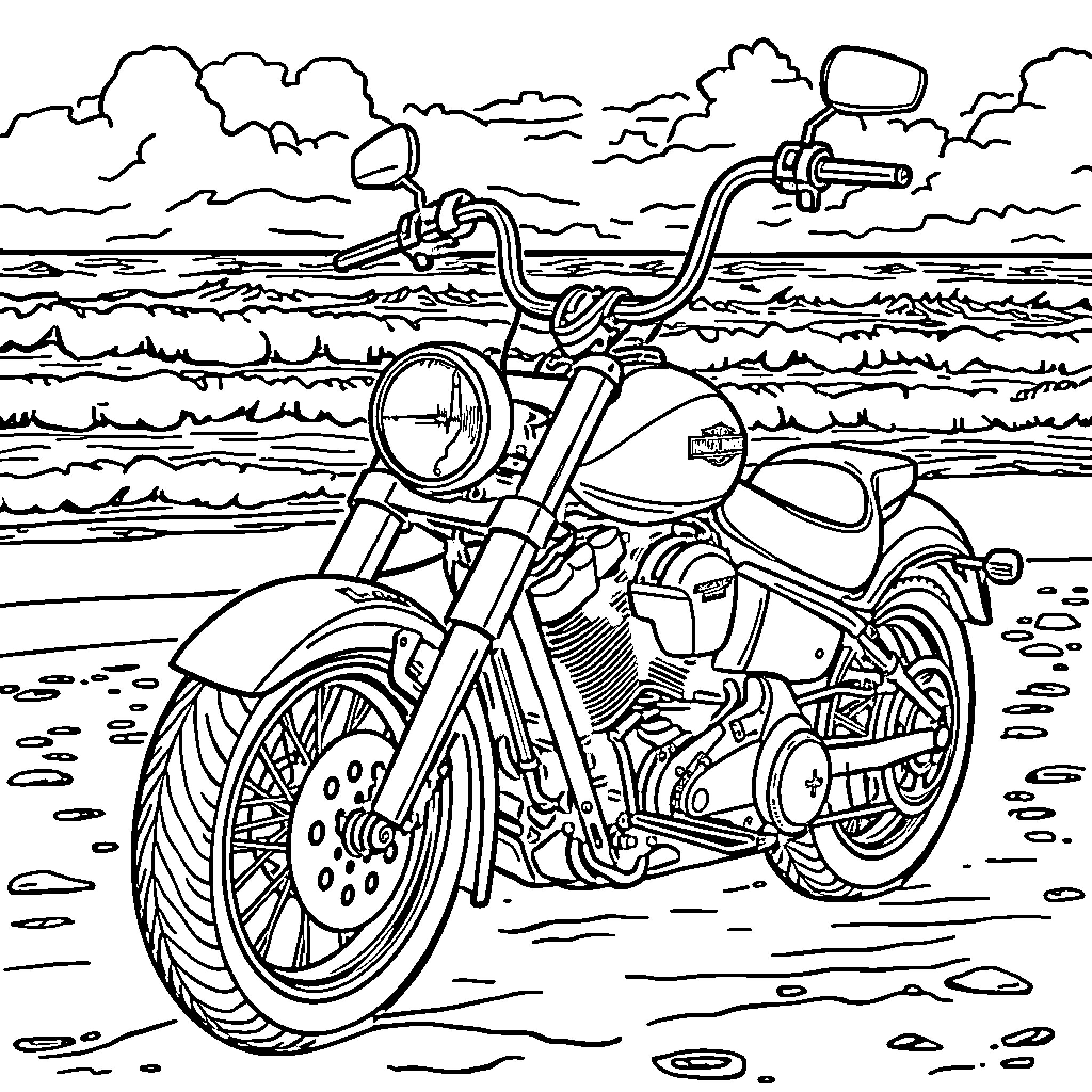 Harley Davidson motorcycle on the beach Coloring Page (free black-and-white line drawing printable PDF for all, from beginners to advanced learners, including children, teens, adults, and seniors)