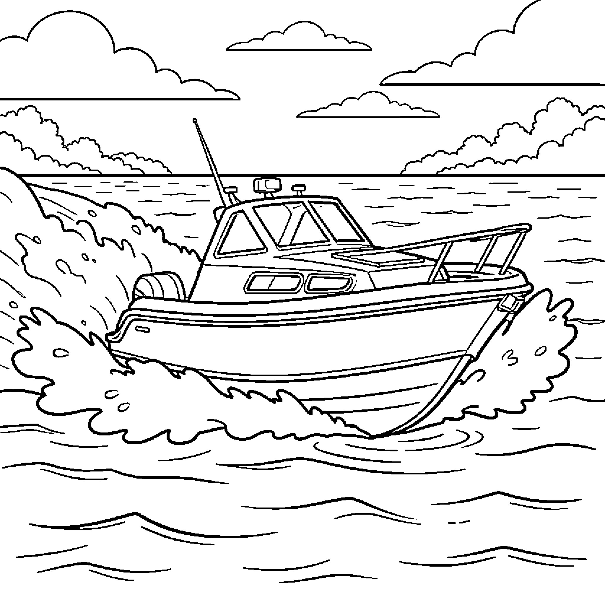 Motor Boat speeding through wavy ocean waters Coloring Page (free black-and-white line drawing printable PDF for all, from beginners to advanced learners, including children, teens, adults, and seniors)