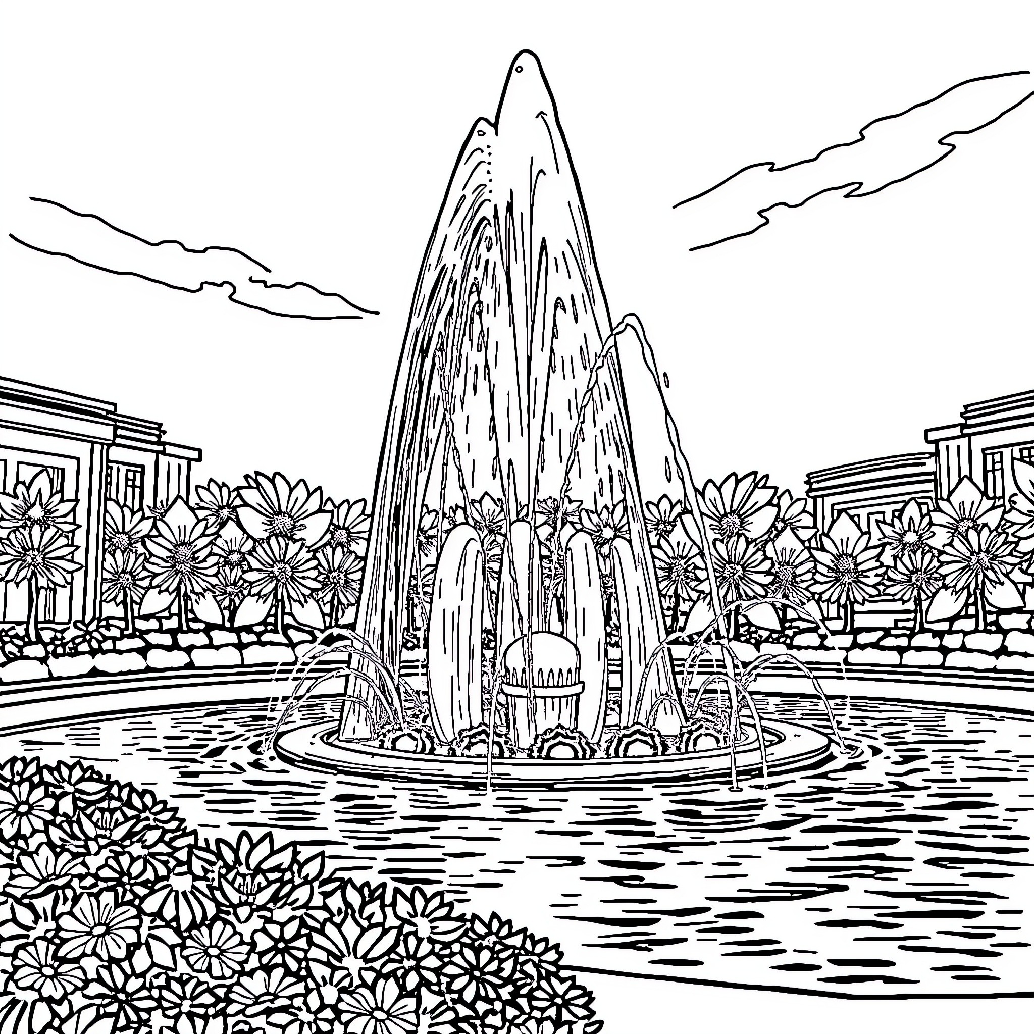 Fountain with Flowers in Ornate Park Setting Coloring Page (free black-and-white line drawing printable PDF for all, from beginners to advanced learners, including children, teens, adults, and seniors)