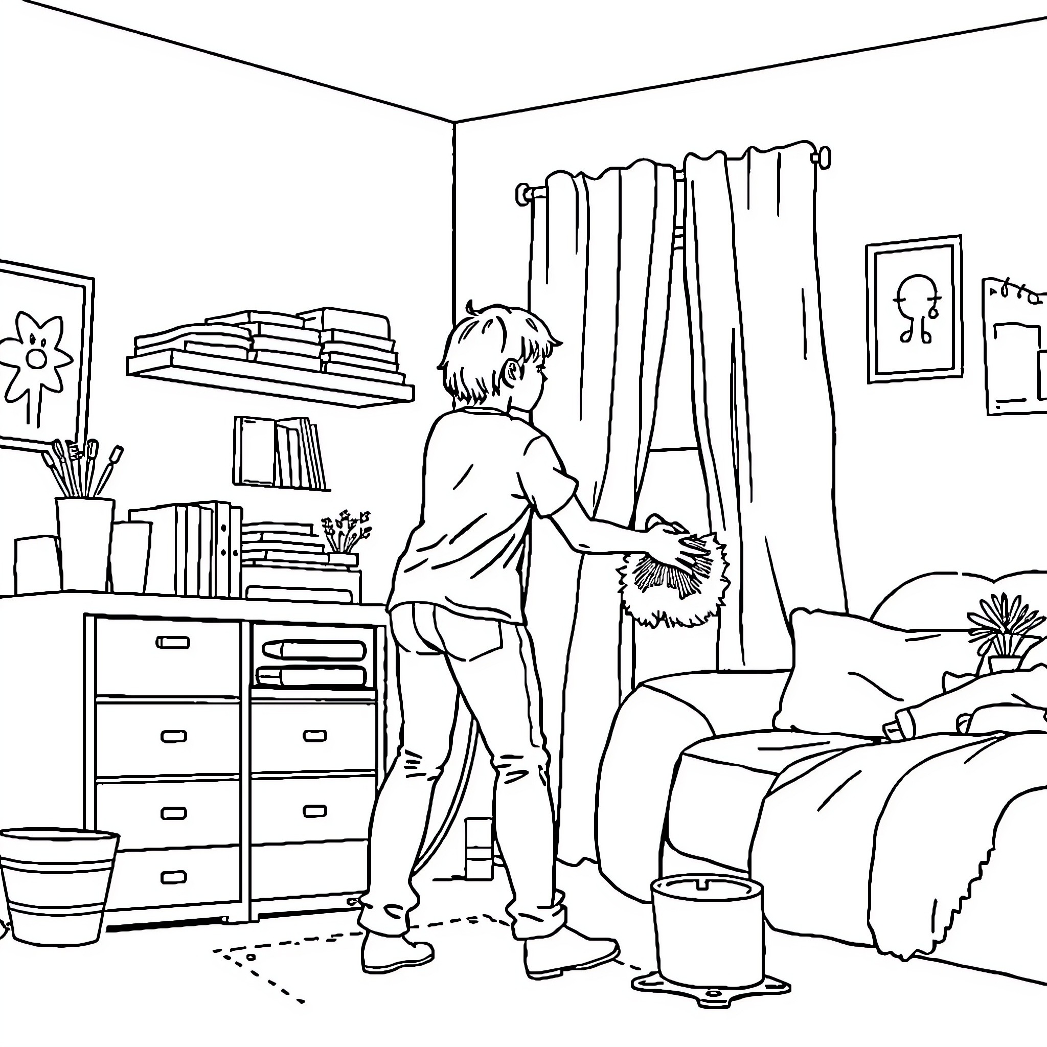 Cleaning a bedroom with focus on the person's actions Coloring Page (free black-and-white line drawing printable PDF for all, from beginners to advanced learners, including children, teens, adults, and seniors)