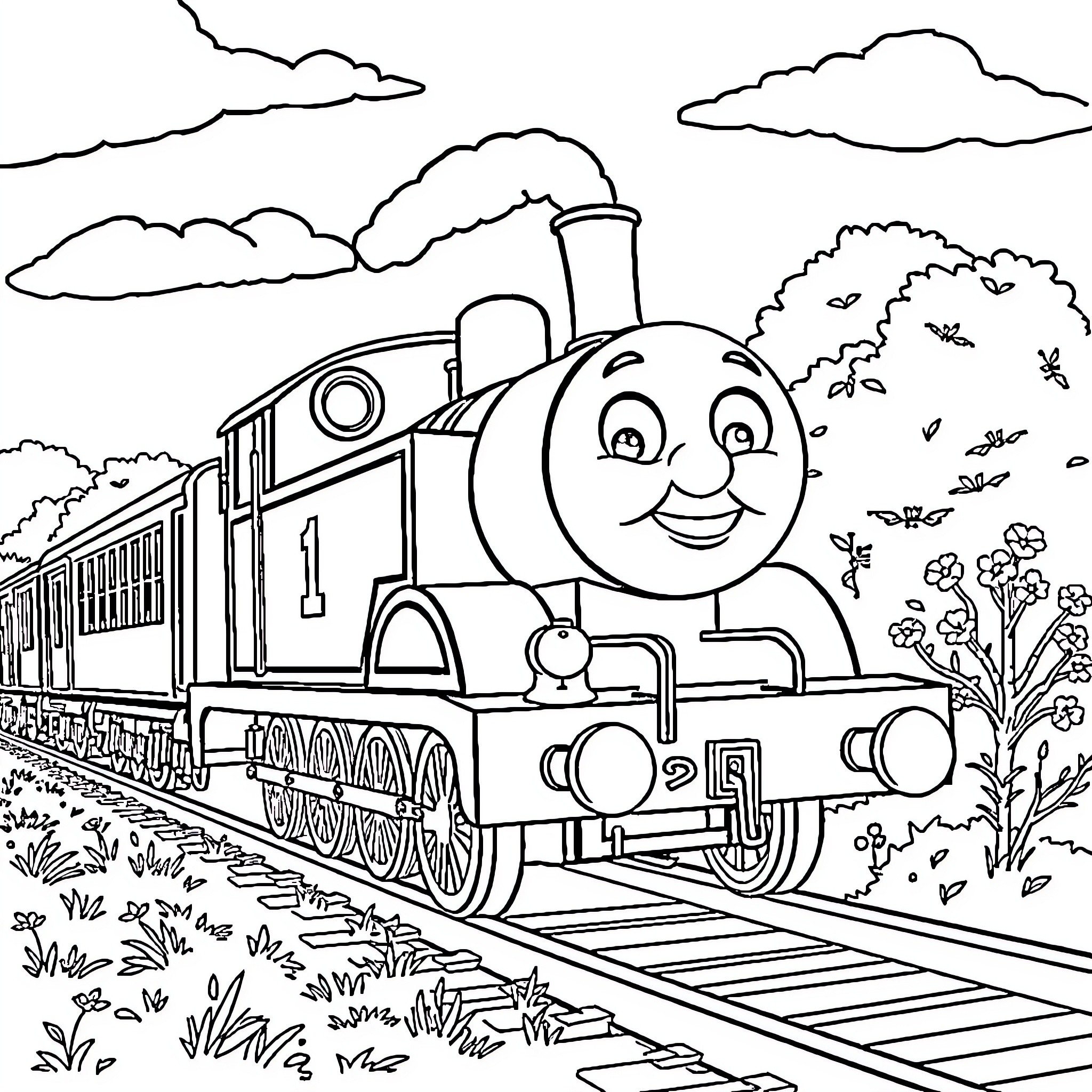 Thomas the Happy Train Traveling through the Countryside Coloring Page (free black-and-white line drawing printable PDF for all, from beginners to advanced learners, including children, teens, adults, and seniors)