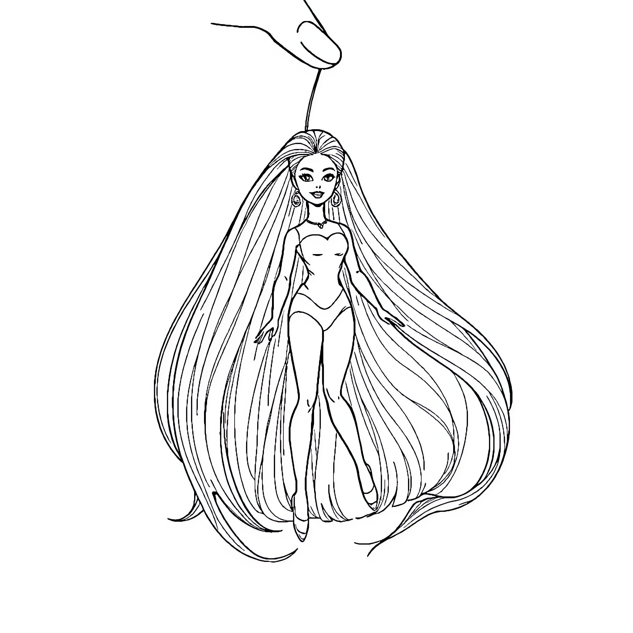 Barbie doll with long flowing hair Coloring Page (free black-and-white line drawing printable PDF for all, from beginners to advanced learners, including children, teens, adults, and seniors)