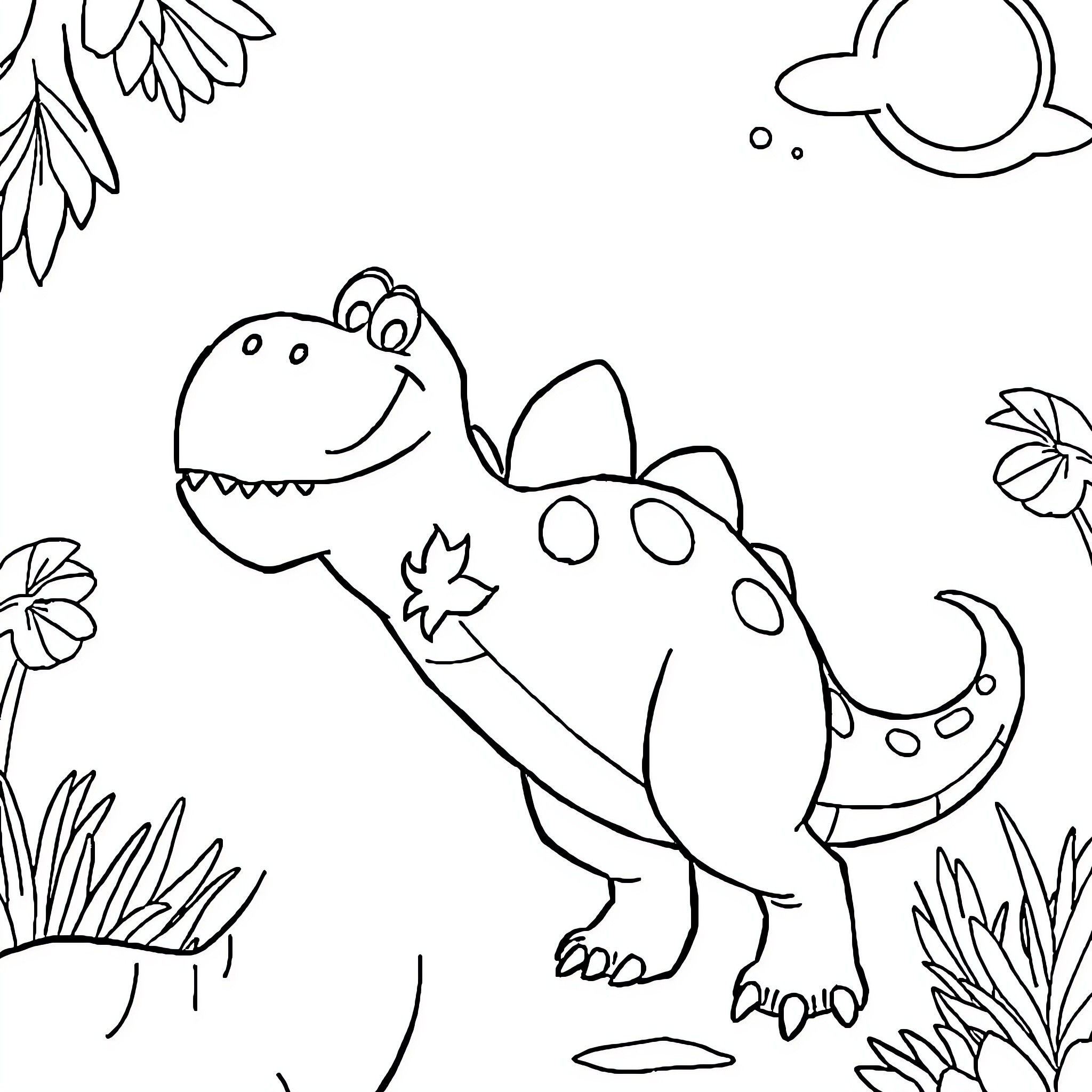 Sam the Dinosaur's Playful Adventure Coloring Page (free black-and-white line drawing printable PDF for all, from beginners to advanced learners, including children, teens, adults, and seniors)