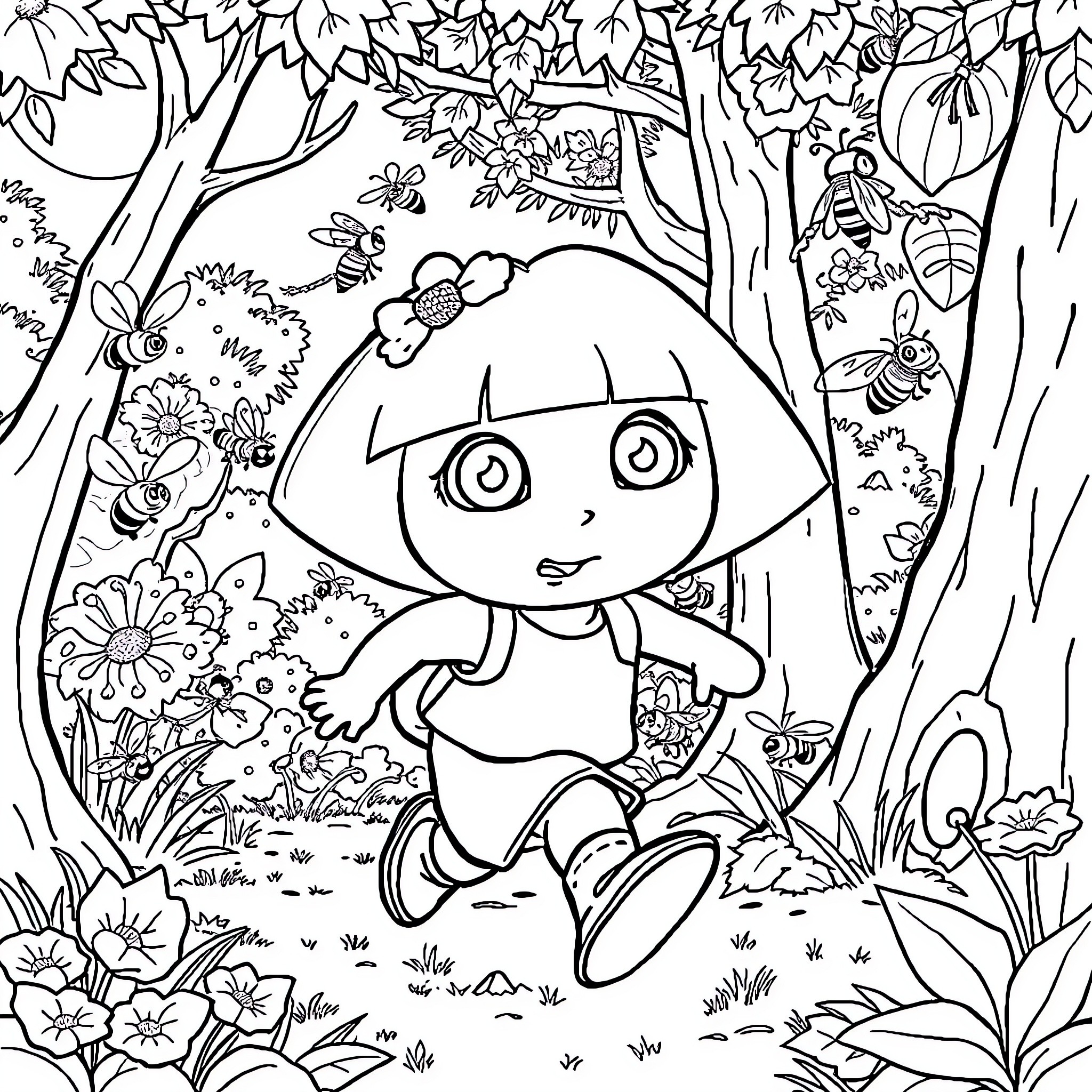 Dora Exploring the Enchanted Forest Coloring Page (free black-and-white line drawing printable PDF for all, from beginners to advanced learners, including children, teens, adults, and seniors)