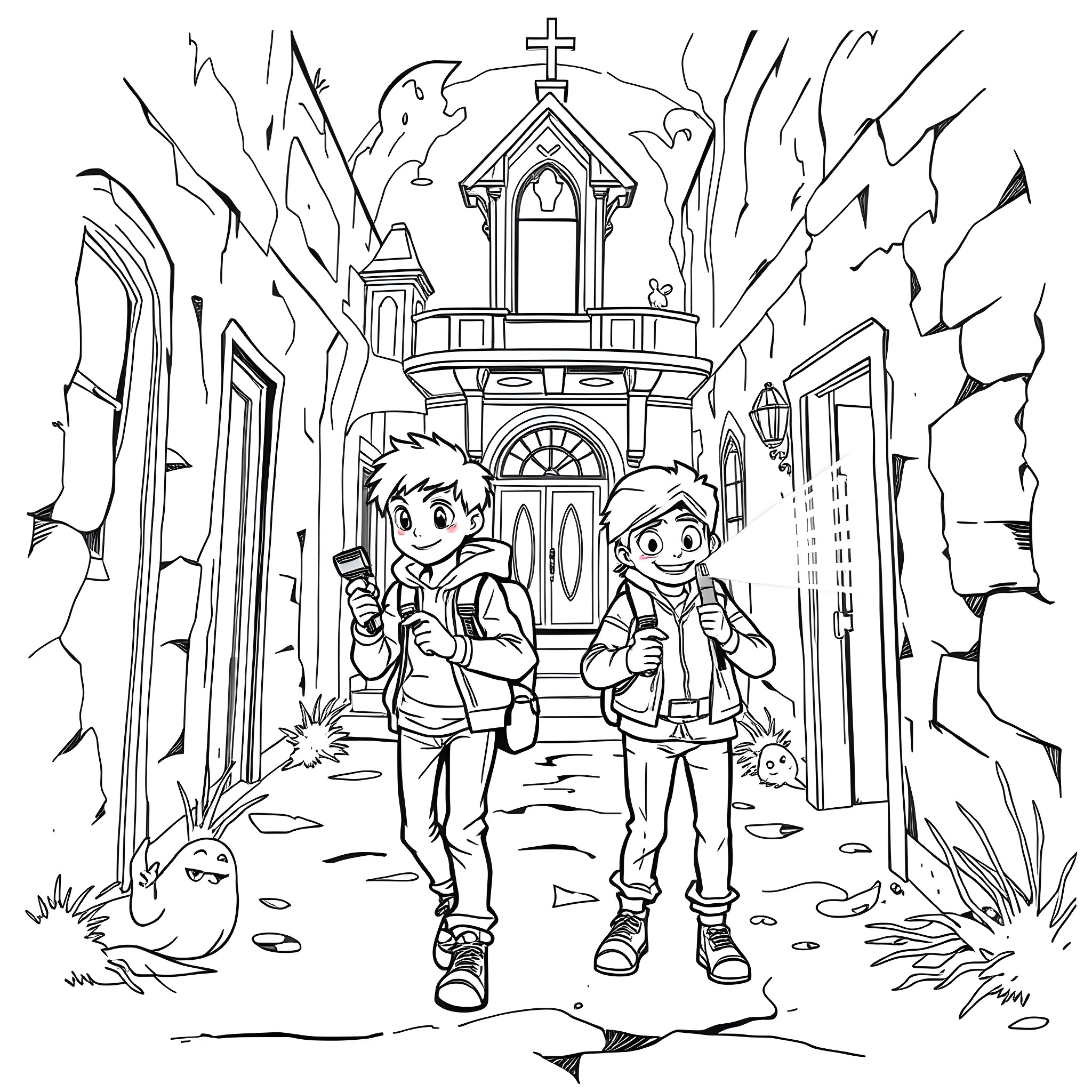 Sam and Colby explore the haunted church grounds Coloring Page (free black-and-white line drawing printable PDF for all, from beginners to advanced learners, including children, teens, adults, and seniors)