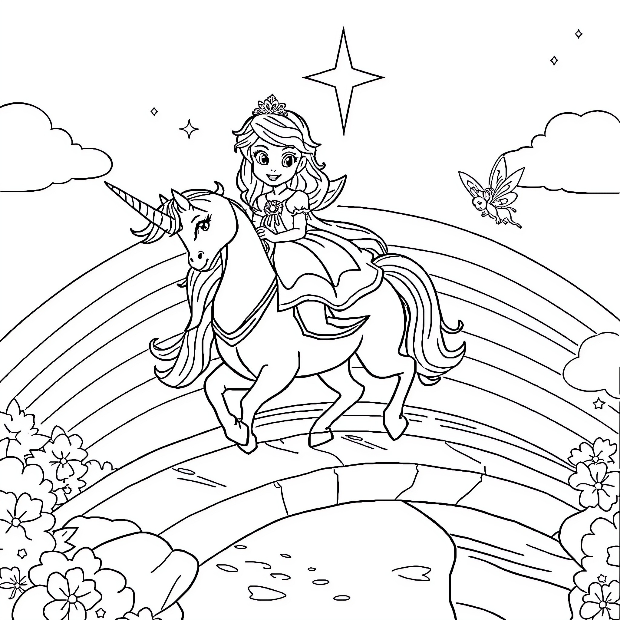 Sofia Riding a Magical Unicorn in a Fantastical Scene Coloring Page (free black-and-white line drawing printable PDF for all, from beginners to advanced learners, including children, teens, adults, and seniors)