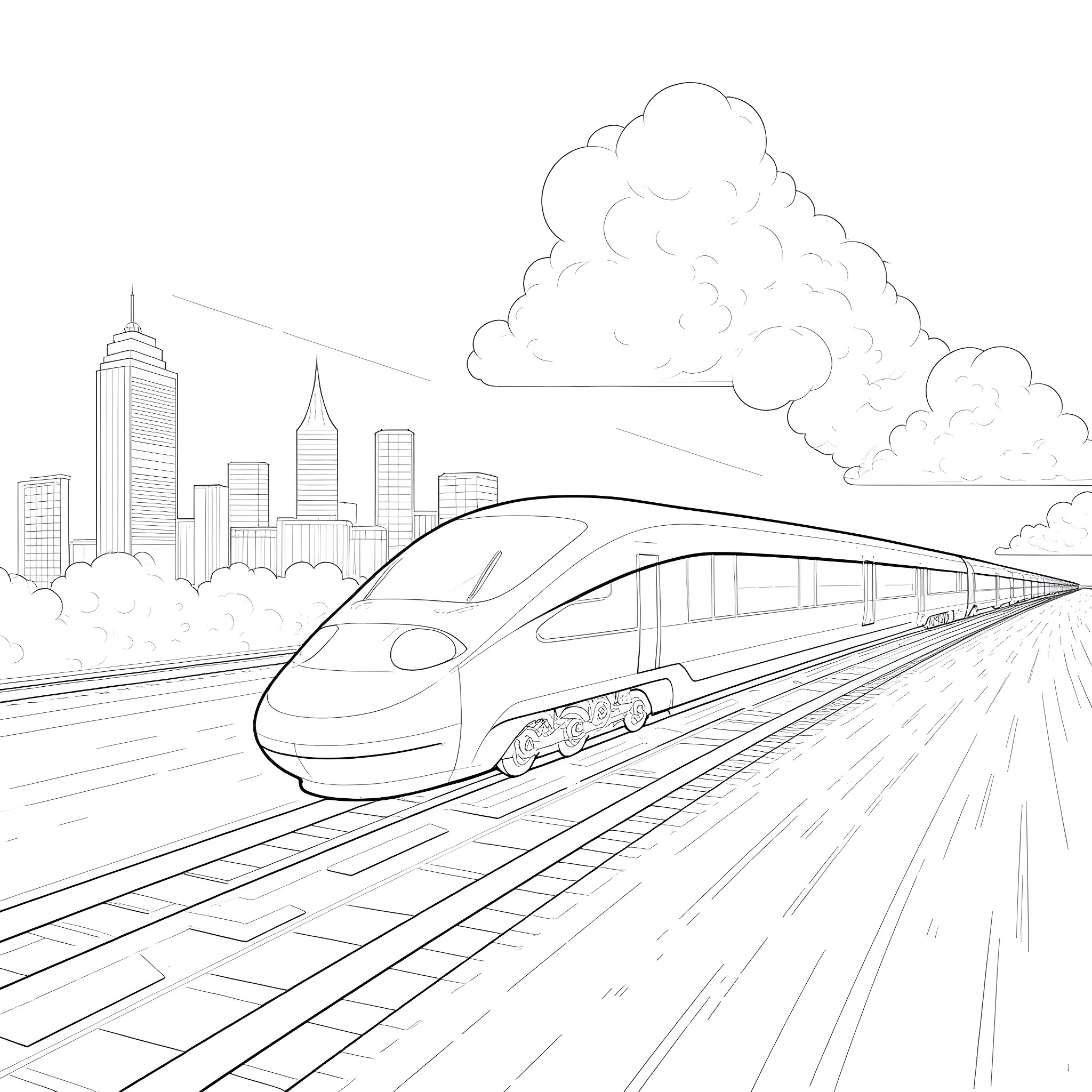 Train speeding through the city skyline Coloring Page (free black-and-white line drawing printable PDF for all, from beginners to advanced learners, including children, teens, adults, and seniors)