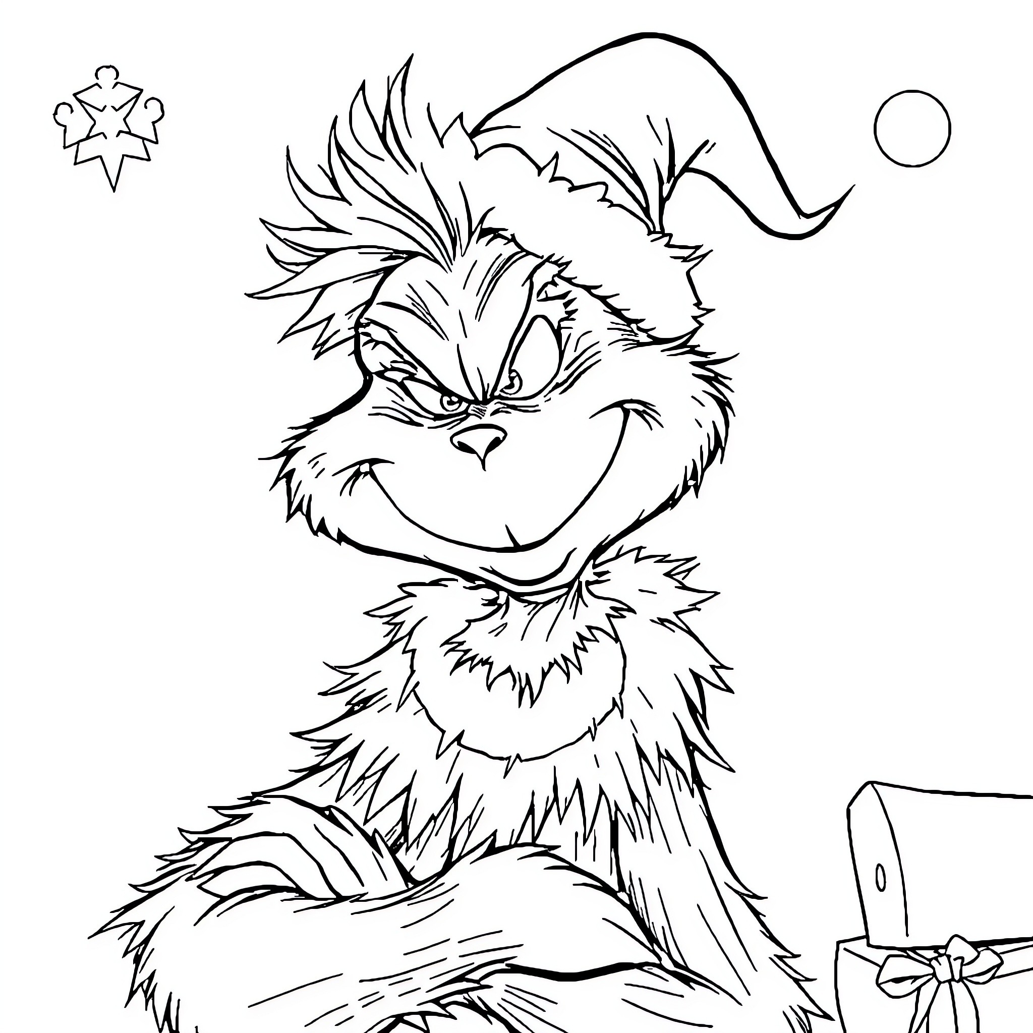 Grinch plotting mischief with a devilish grin Coloring Page (free black-and-white line drawing printable PDF for all, from beginners to advanced learners, including children, teens, adults, and seniors)