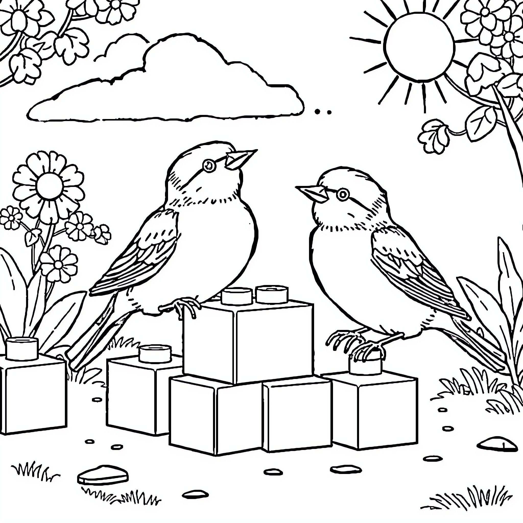 Sparrow birds enjoying their day in nature Coloring Page (free black-and-white line drawing printable PDF for all, from beginners to advanced learners, including children, teens, adults, and seniors)