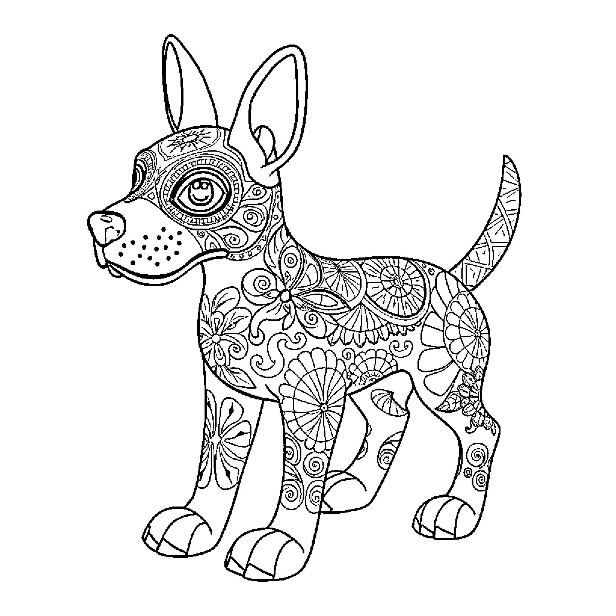 Perrito with decorative patterns Coloring Page (free black-and-white line drawing printable PDF for all, from beginners to advanced learners, including children, teens, adults, and seniors)
