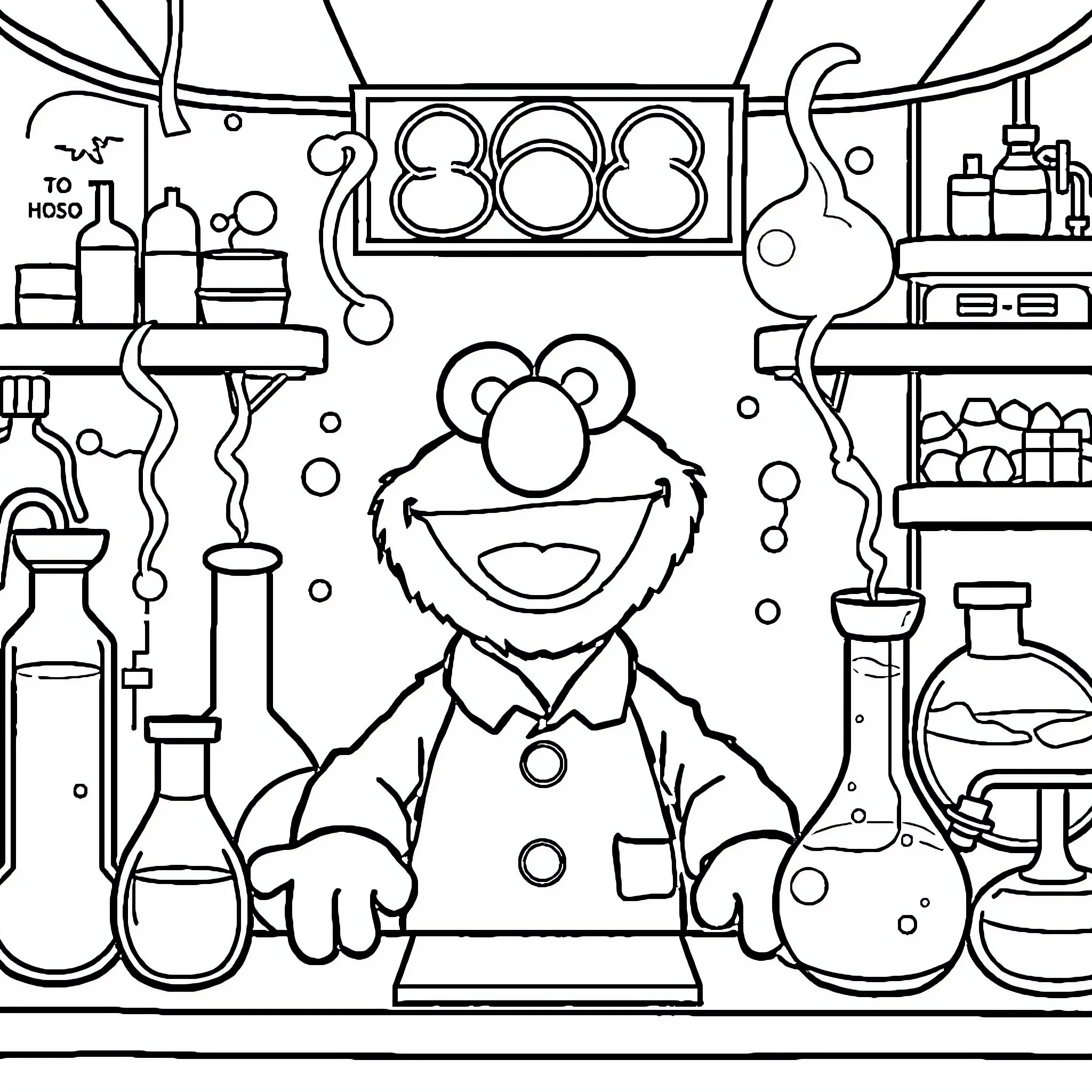 Elmo's Wacky Chemistry Experiment Coloring Page (free black-and-white line drawing printable PDF for all, from beginners to advanced learners, including children, teens, adults, and seniors)