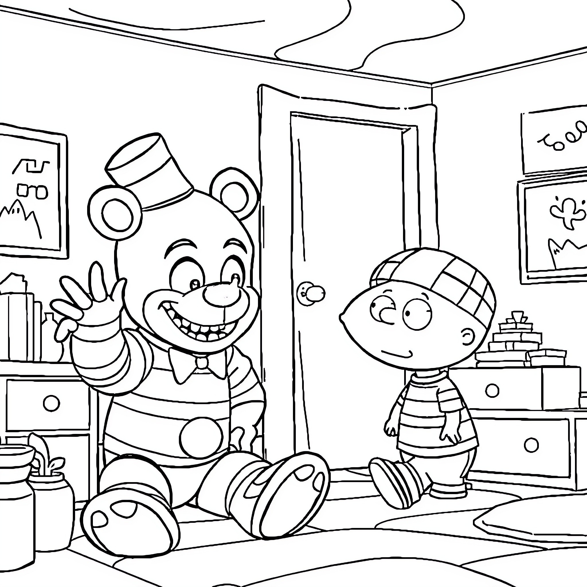 Freddy Fazbear and Friend in Playful Cartoon Setting Coloring Page (free black-and-white line drawing printable PDF for all, from beginners to advanced learners, including children, teens, adults, and seniors)