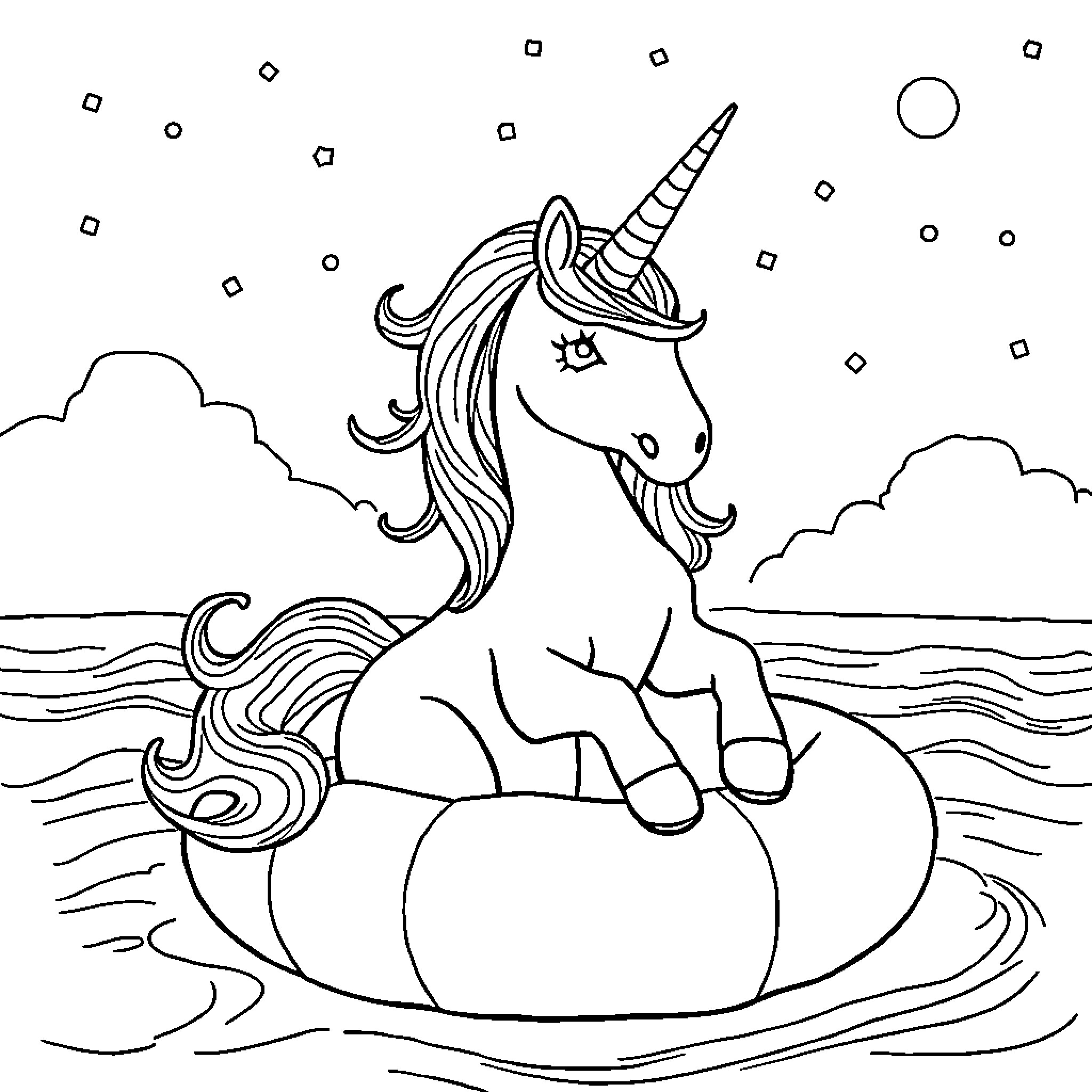 Unicorn resting on a magical cloud in the sky Coloring Page (free black-and-white line drawing printable PDF for all, from beginners to advanced learners, including children, teens, adults, and seniors)