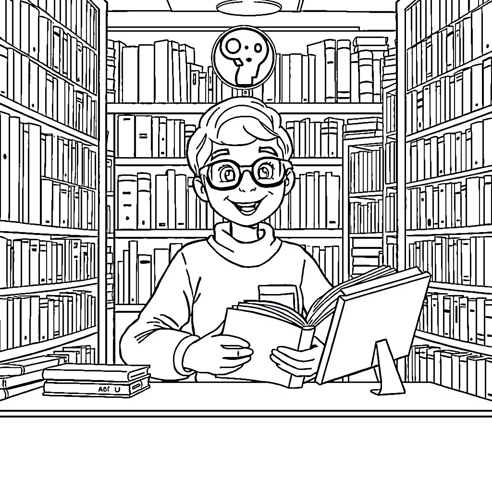 Librarian Studying Books in the Library Coloring Page (free black-and-white line drawing printable PDF for all, from beginners to advanced learners, including children, teens, adults, and seniors)