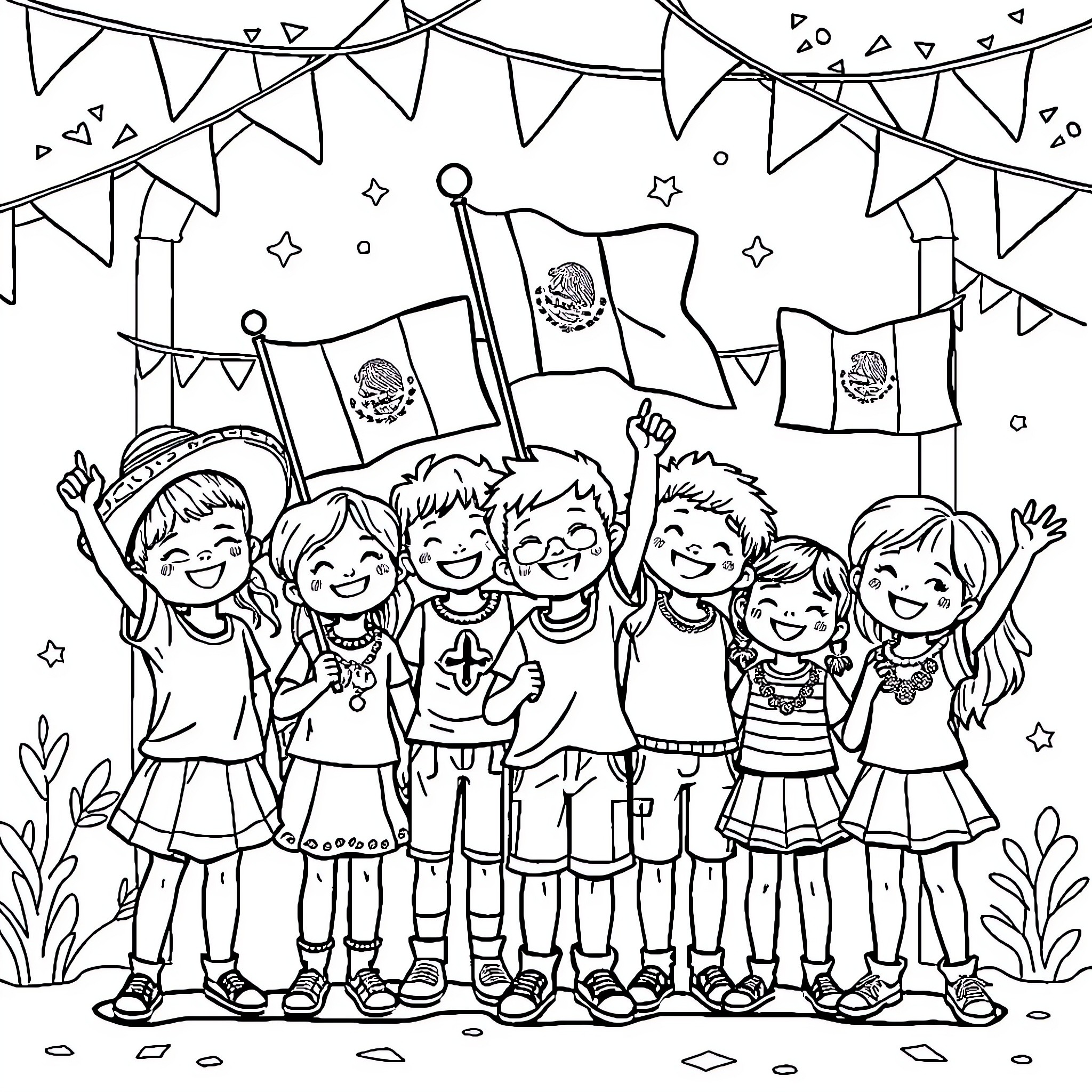 Kids celebrating with flags and party decor Coloring Page (free black-and-white line drawing printable PDF for all, from beginners to advanced learners, including children, teens, adults, and seniors)