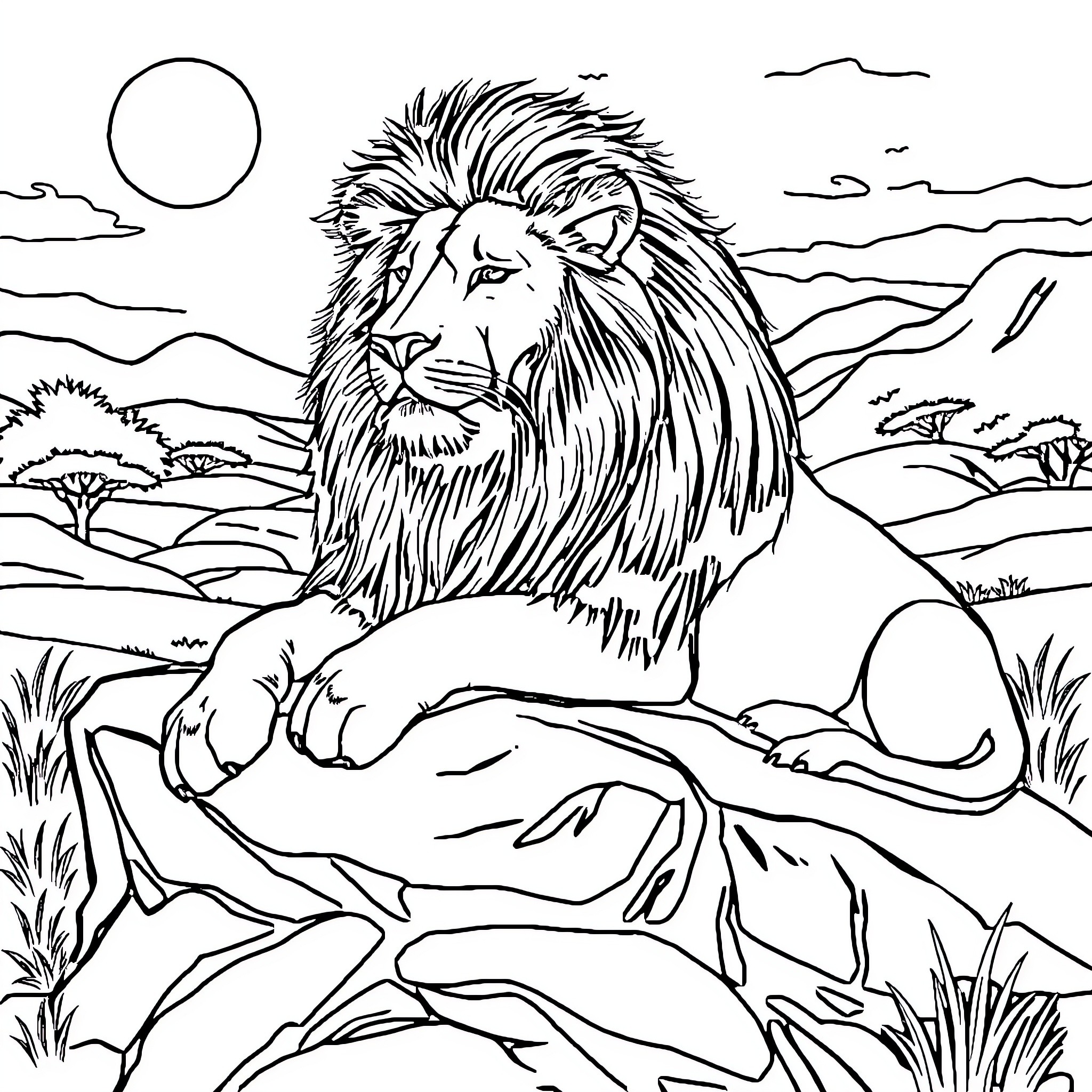 Lion relaxing in the wilderness Coloring Page (free black-and-white line drawing printable PDF for all, from beginners to advanced learners, including children, teens, adults, and seniors)