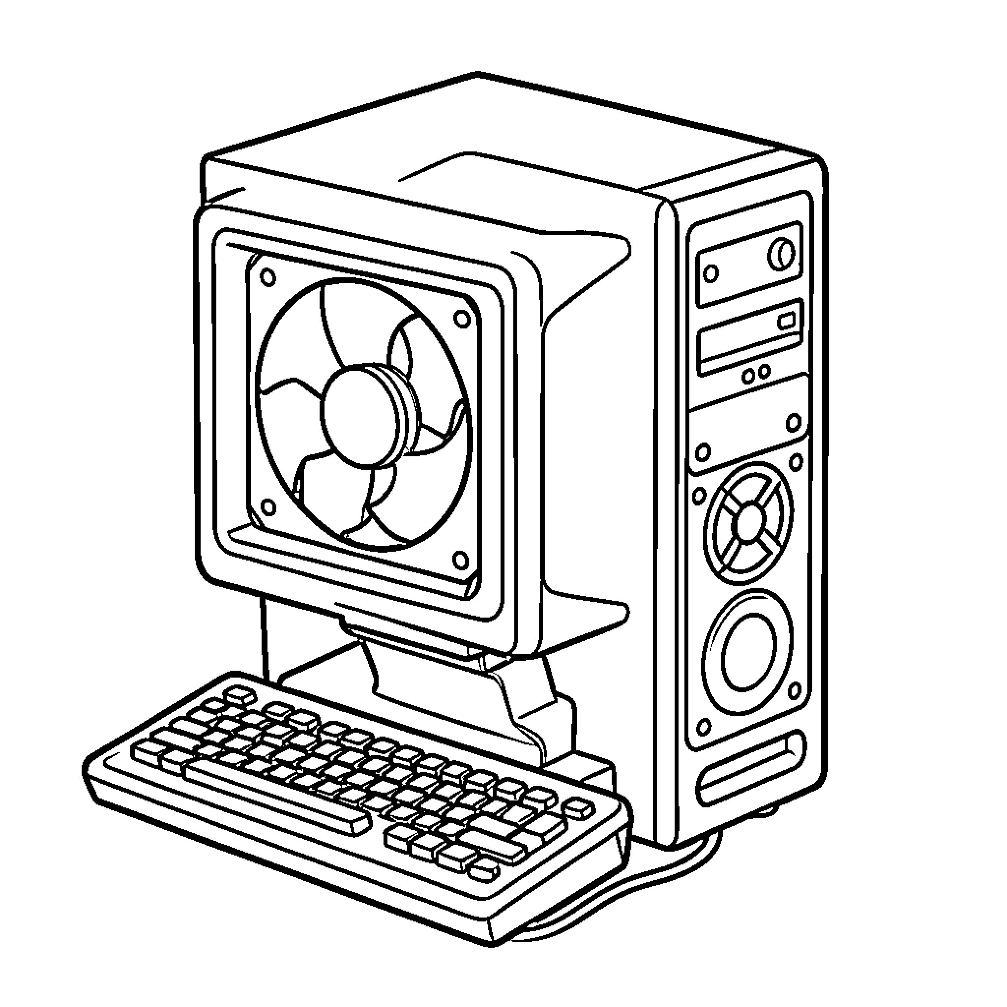 Computer with Keyboard and Fan Coloring Page (free black-and-white line drawing printable PDF for all, from beginners to advanced learners, including children, teens, adults, and seniors)