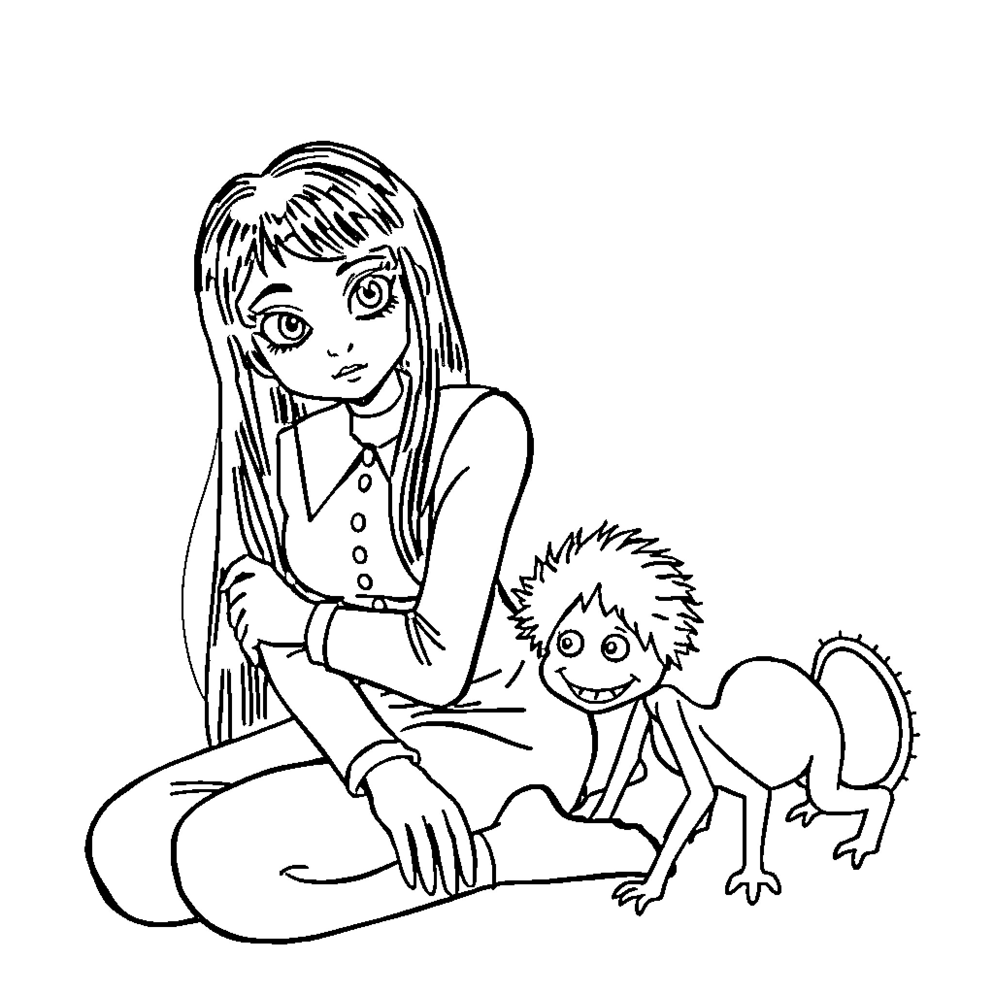 Wednesday Addams interacting with a peculiar creature Coloring Page (free black-and-white line drawing printable PDF for all, from beginners to advanced learners, including children, teens, adults, and seniors)
