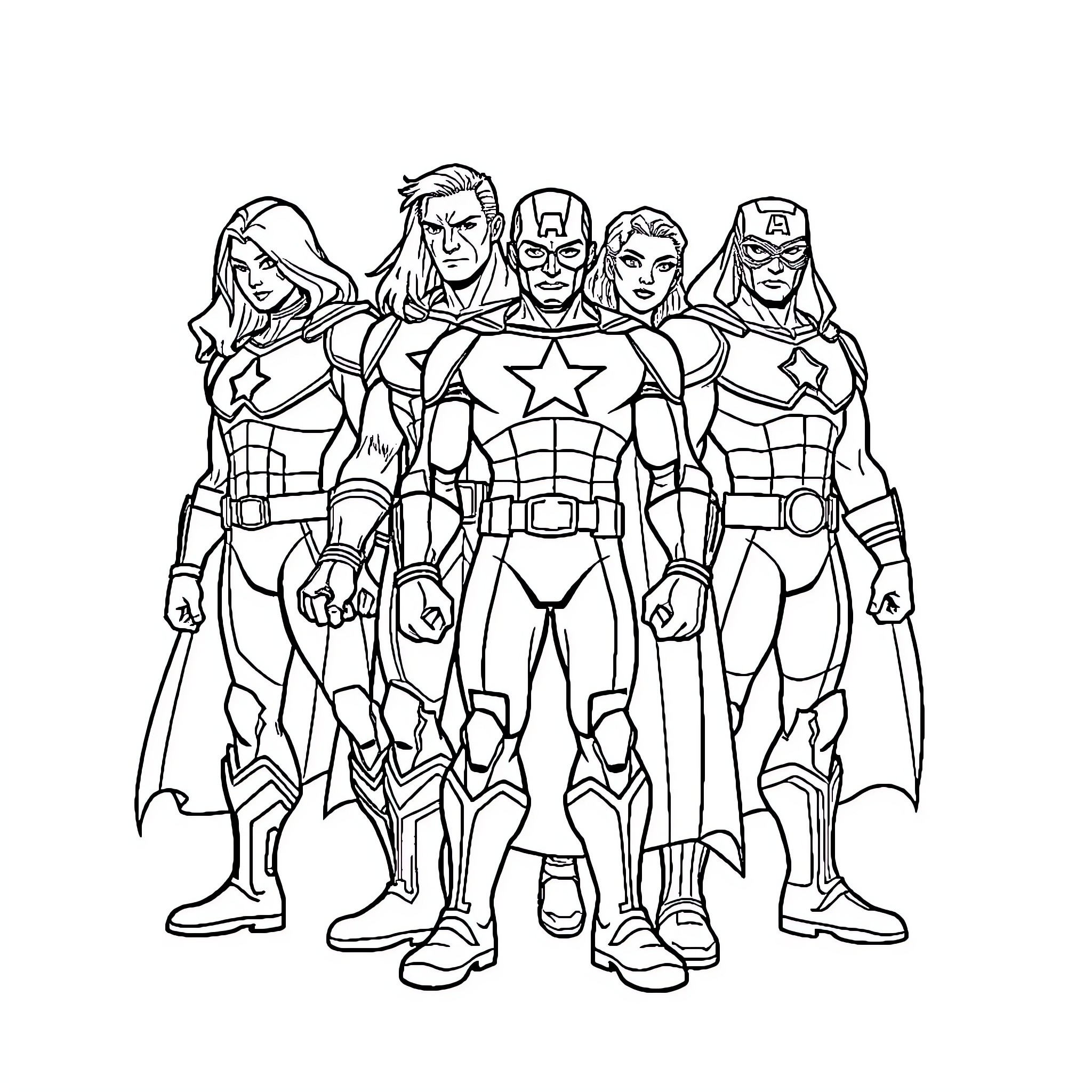 Avenger heroes team in combat-ready poses Coloring Page (free black-and-white line drawing printable PDF for all, from beginners to advanced learners, including children, teens, adults, and seniors)