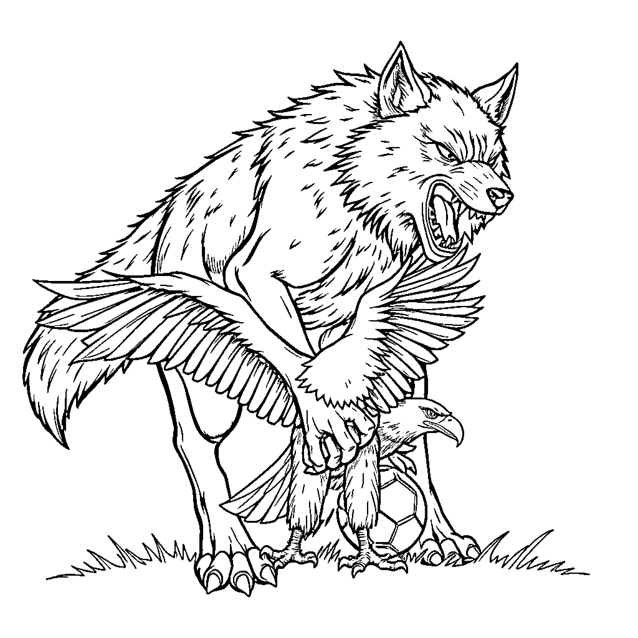 Wolf with Winged Talons Unleashed Coloring Page (free black-and-white line drawing printable PDF for all, from beginners to advanced learners, including children, teens, adults, and seniors)
