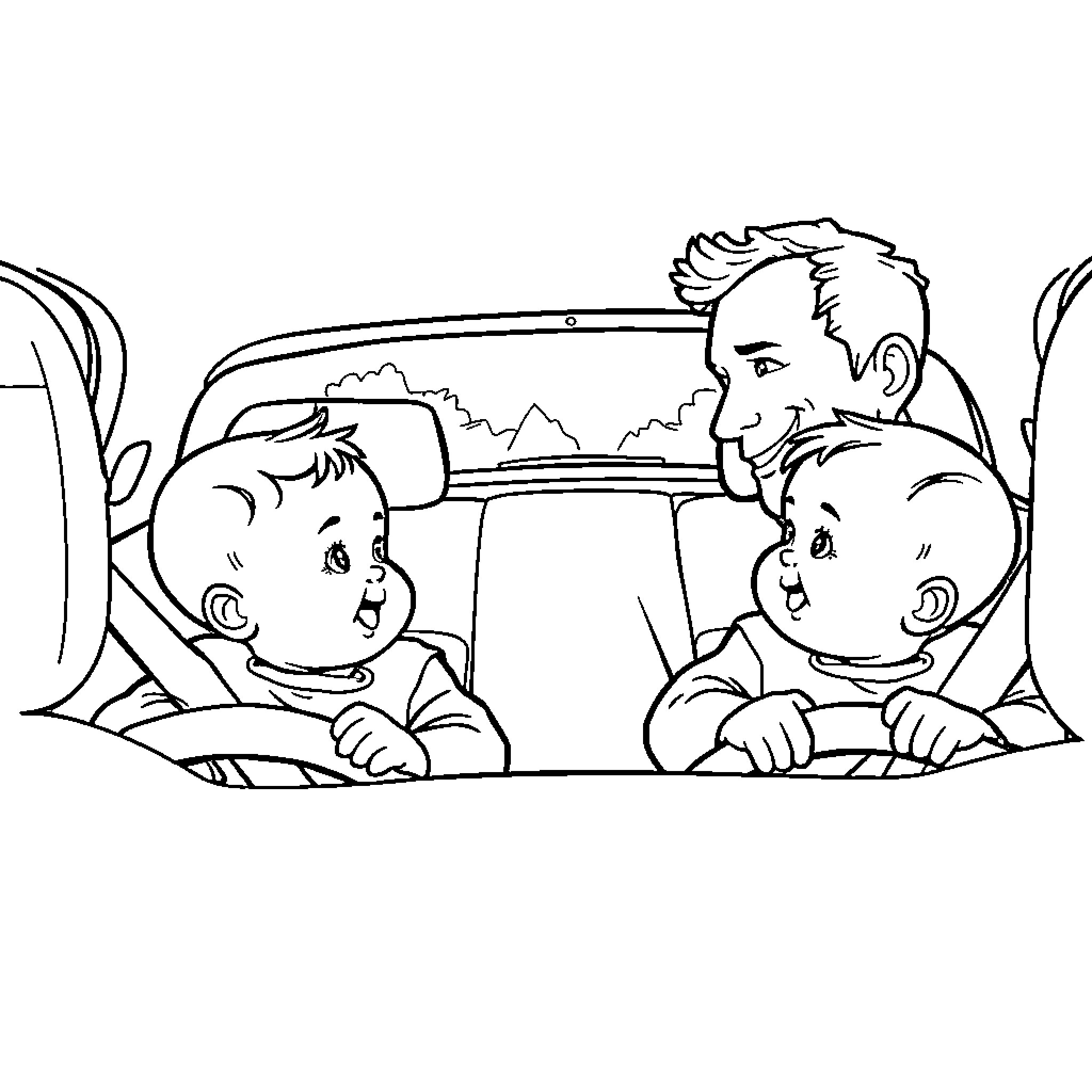 Baby Brothers Riding in Car Coloring Page (free black-and-white line drawing printable PDF for all, from beginners to advanced learners, including children, teens, adults, and seniors)