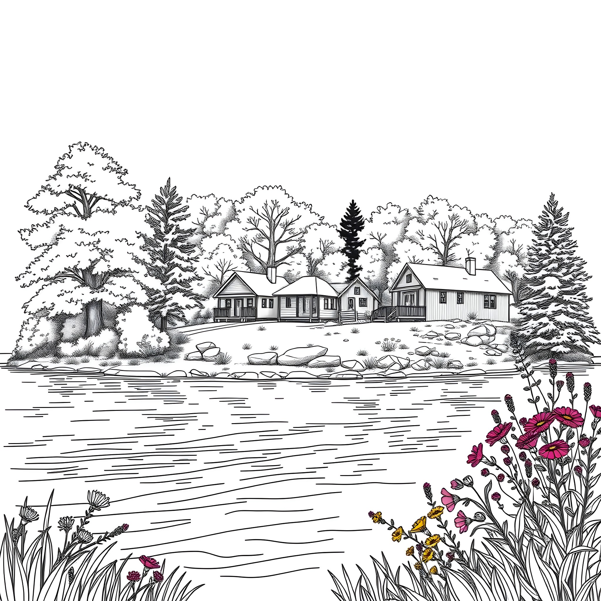 Beaver building a dam by the lakeside cabin Coloring Page (free black-and-white line drawing printable PDF for all, from beginners to advanced learners, including children, teens, adults, and seniors)