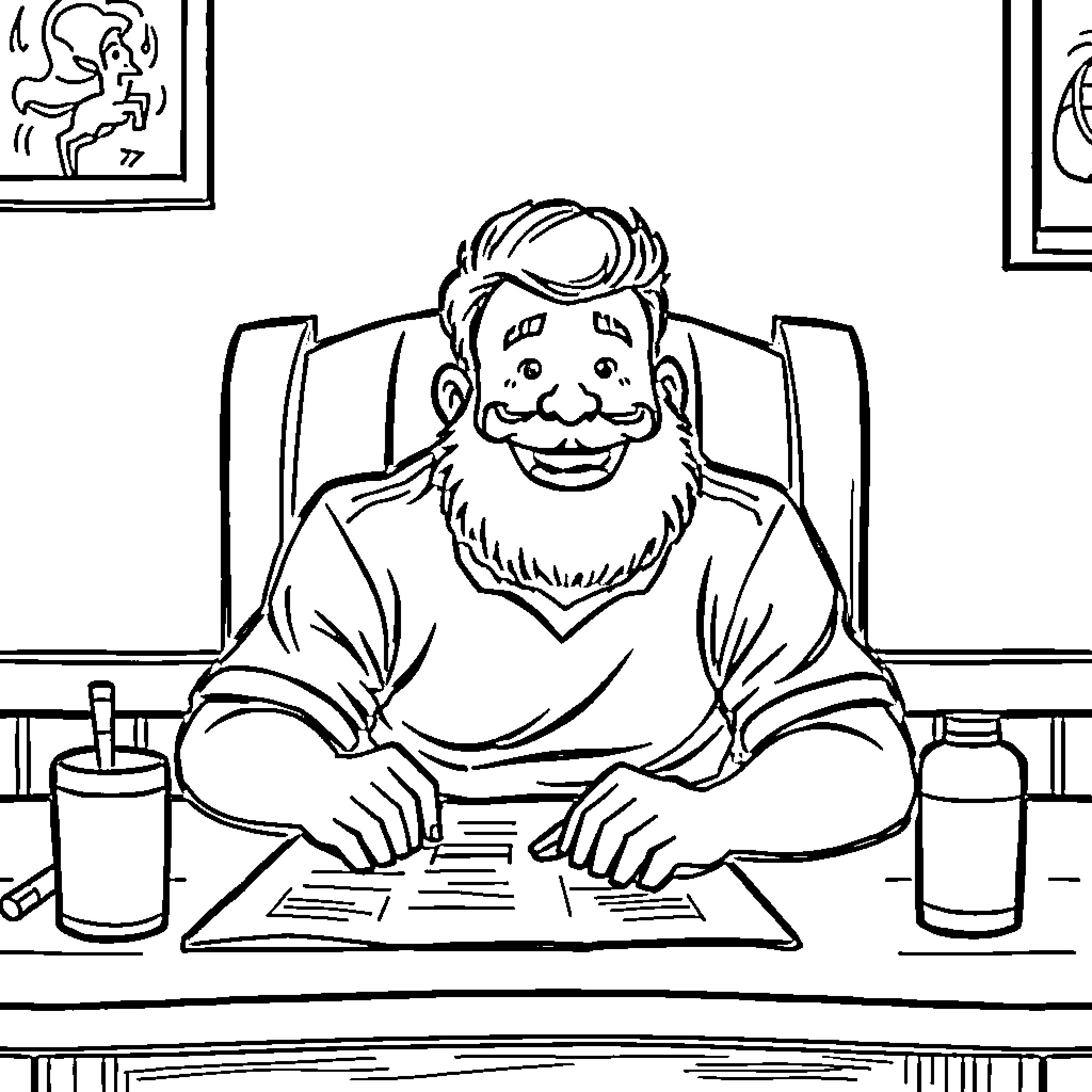 Bud Spencer working intently at his desk Coloring Page (free black-and-white line drawing printable PDF for all, from beginners to advanced learners, including children, teens, adults, and seniors)