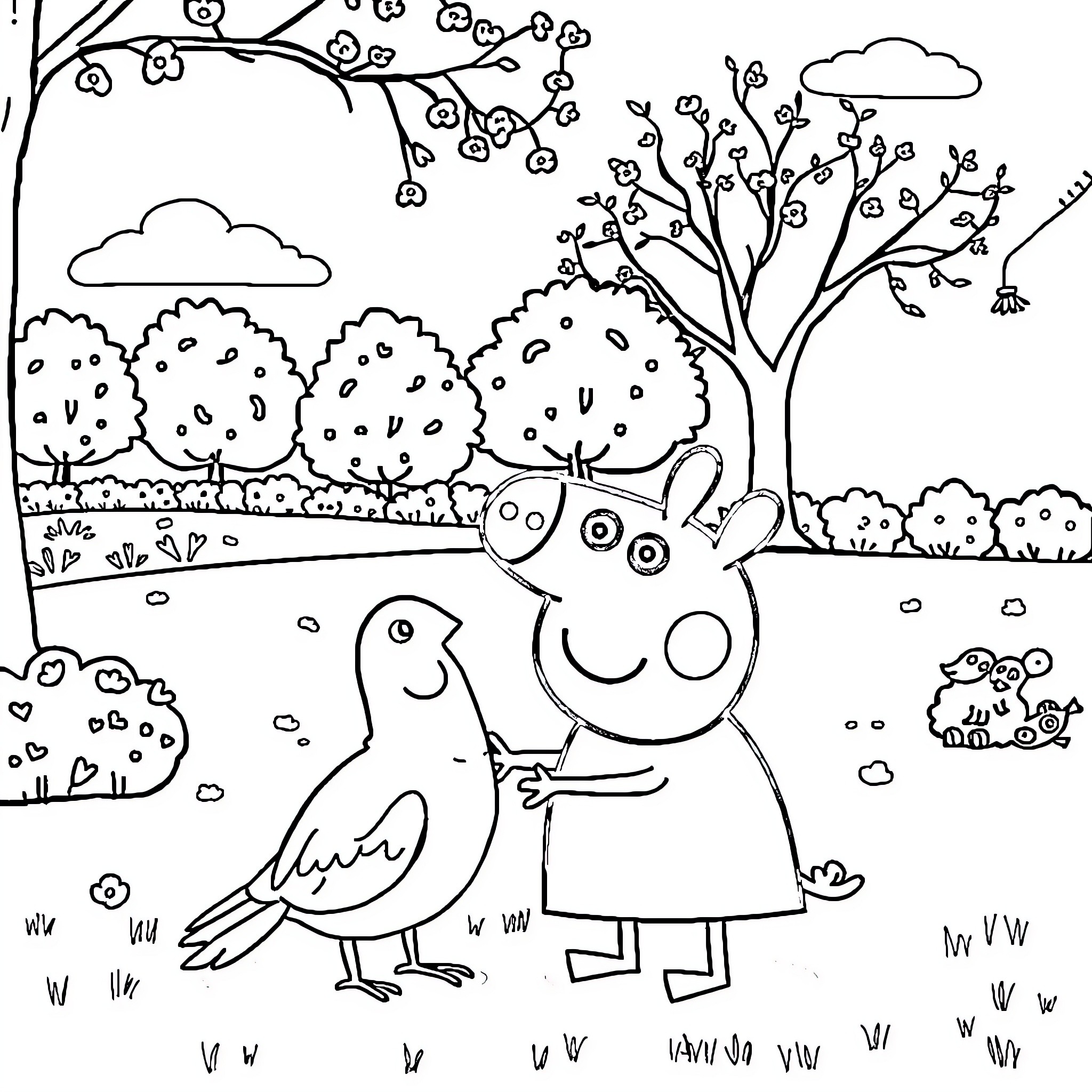 Peppa Pig playing with animal friends in a spring landscape Coloring Page (free black-and-white line drawing printable PDF for all, from beginners to advanced learners, including children, teens, adults, and seniors)