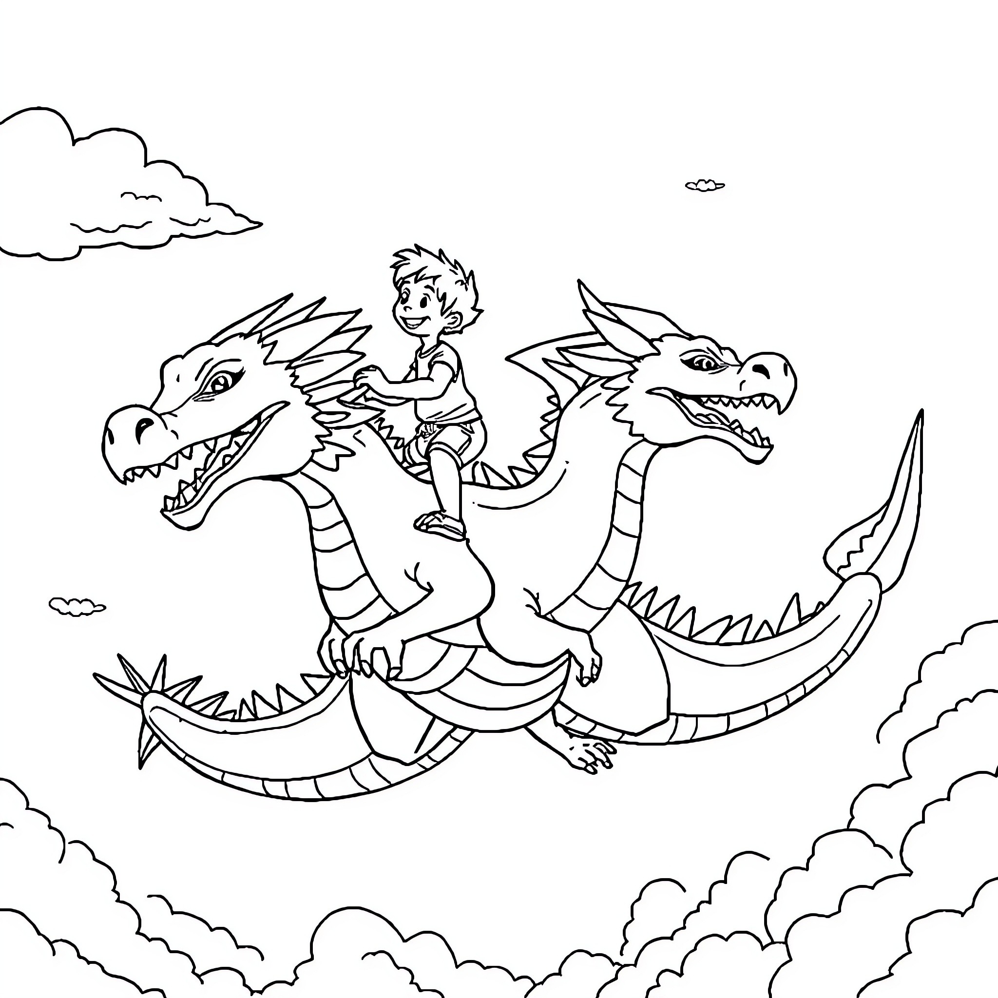 Boy riding a dragon in the sky Coloring Page (free black-and-white line drawing printable PDF for all, from beginners to advanced learners, including children, teens, adults, and seniors)