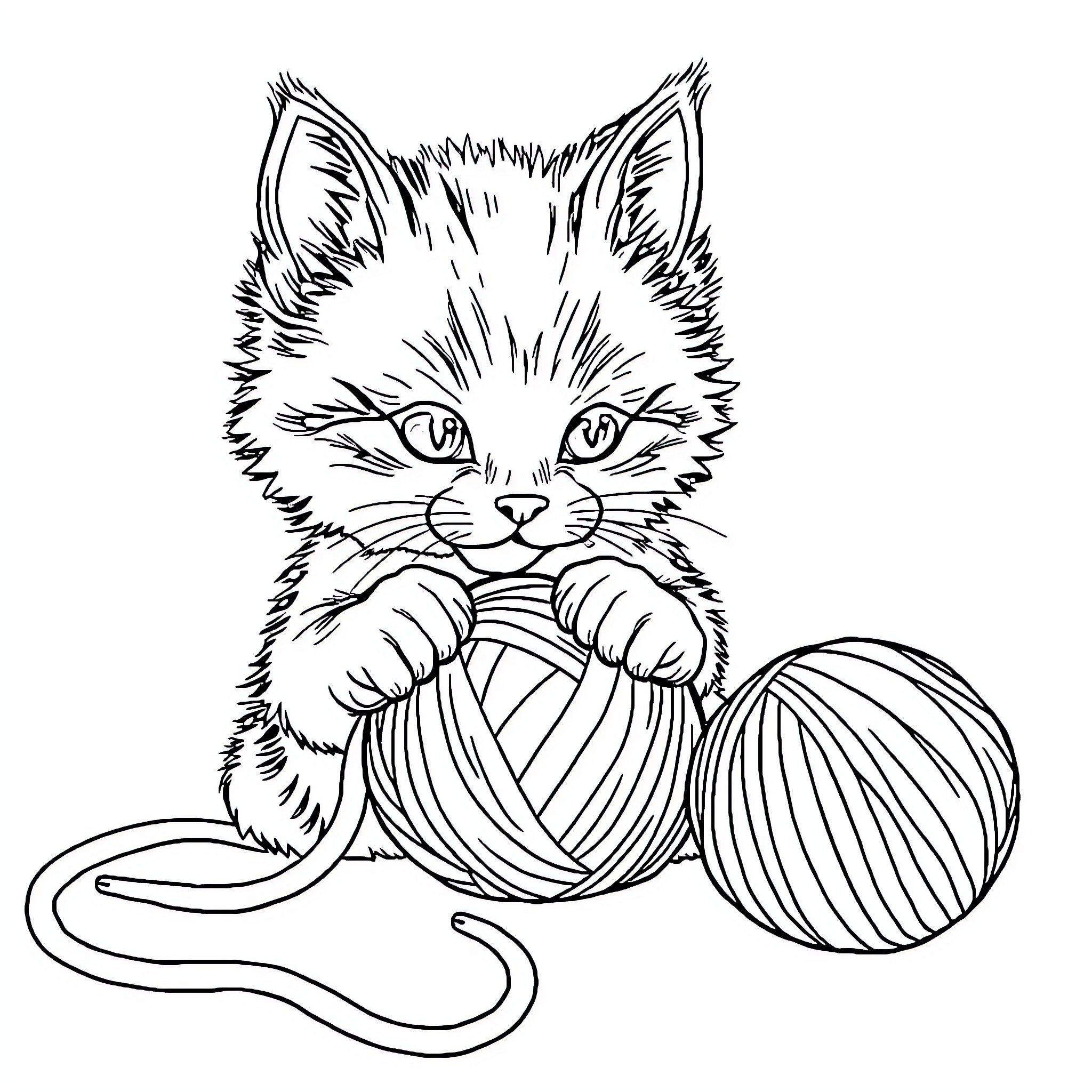 Kitten playing with yarn ball Coloring Page (free black-and-white line drawing printable PDF for all, from beginners to advanced learners, including children, teens, adults, and seniors)