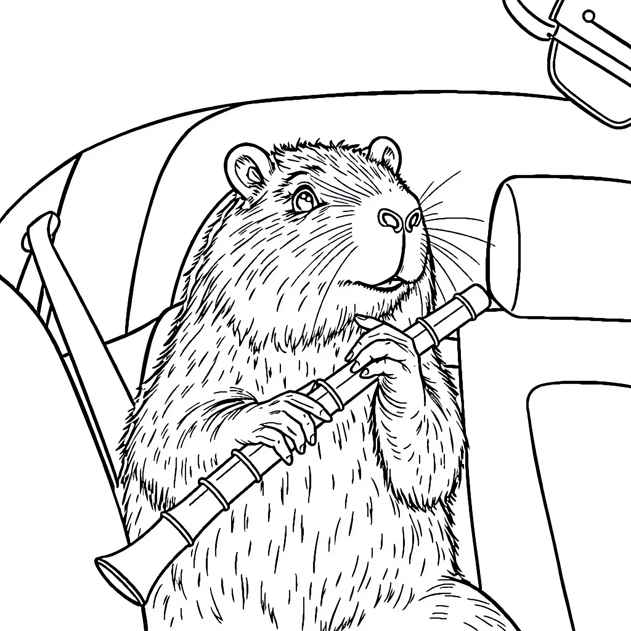 Capybara playing with instrument in car Coloring Page (free black-and-white line drawing printable PDF for all, from beginners to advanced learners, including children, teens, adults, and seniors)