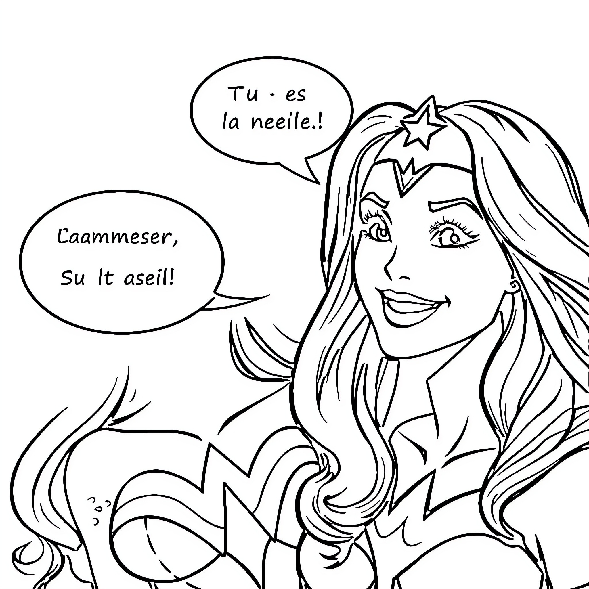 Wonder Woman in Action with Expressive Dialogue Coloring Page (free black-and-white line drawing printable PDF for all, from beginners to advanced learners, including children, teens, adults, and seniors)