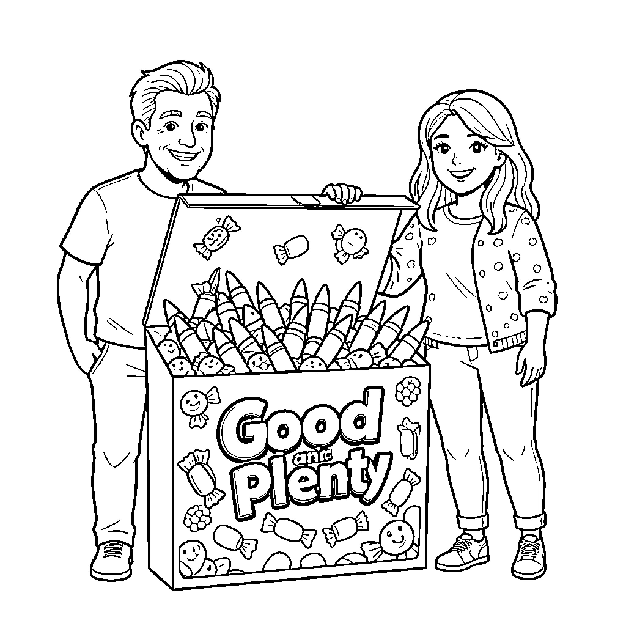 Candy box with joyful friends Coloring Page (free black-and-white line drawing printable PDF for all, from beginners to advanced learners, including children, teens, adults, and seniors)