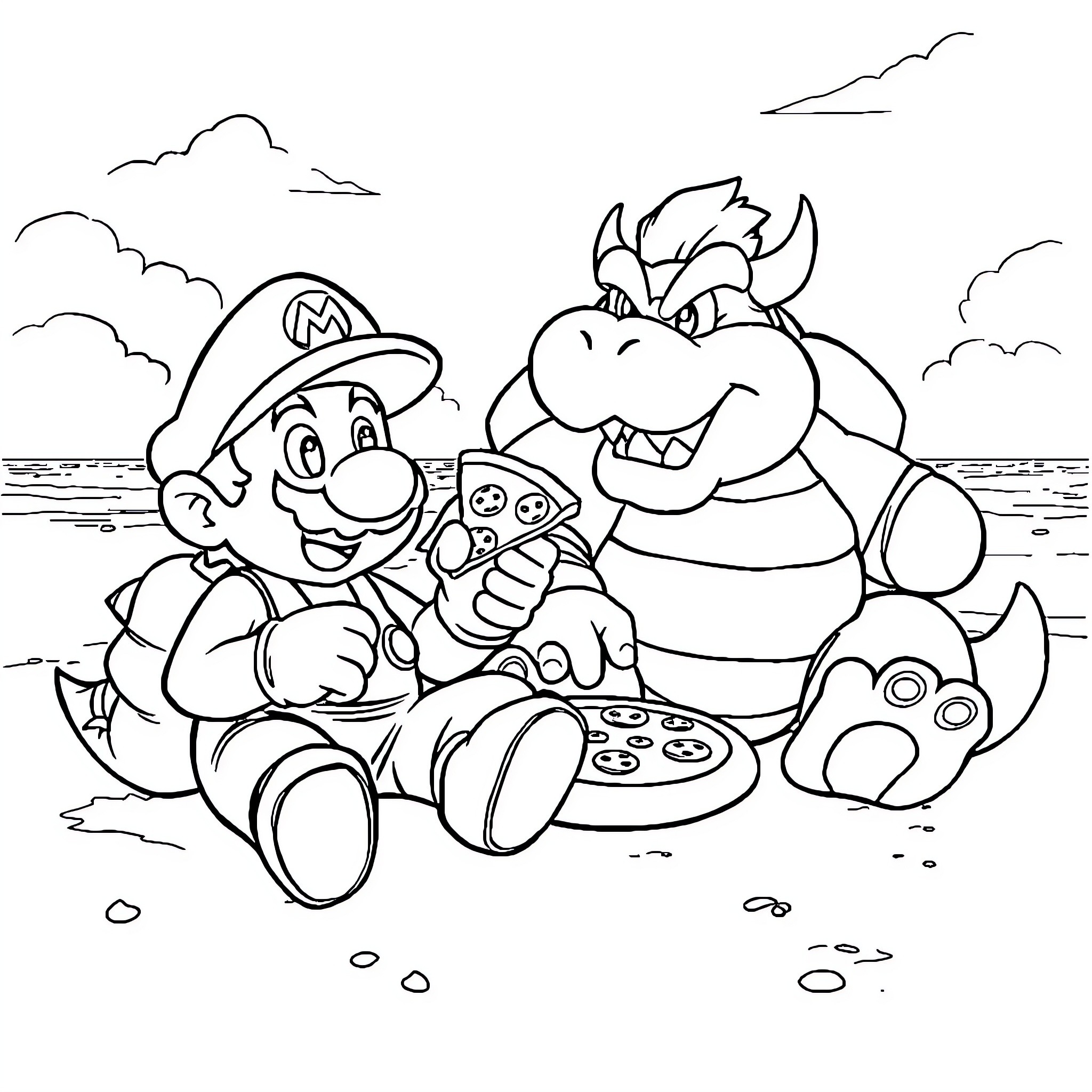 Mario's Picnic with Bowser Coloring Page (free black-and-white line drawing printable PDF for all, from beginners to advanced learners, including children, teens, adults, and seniors)