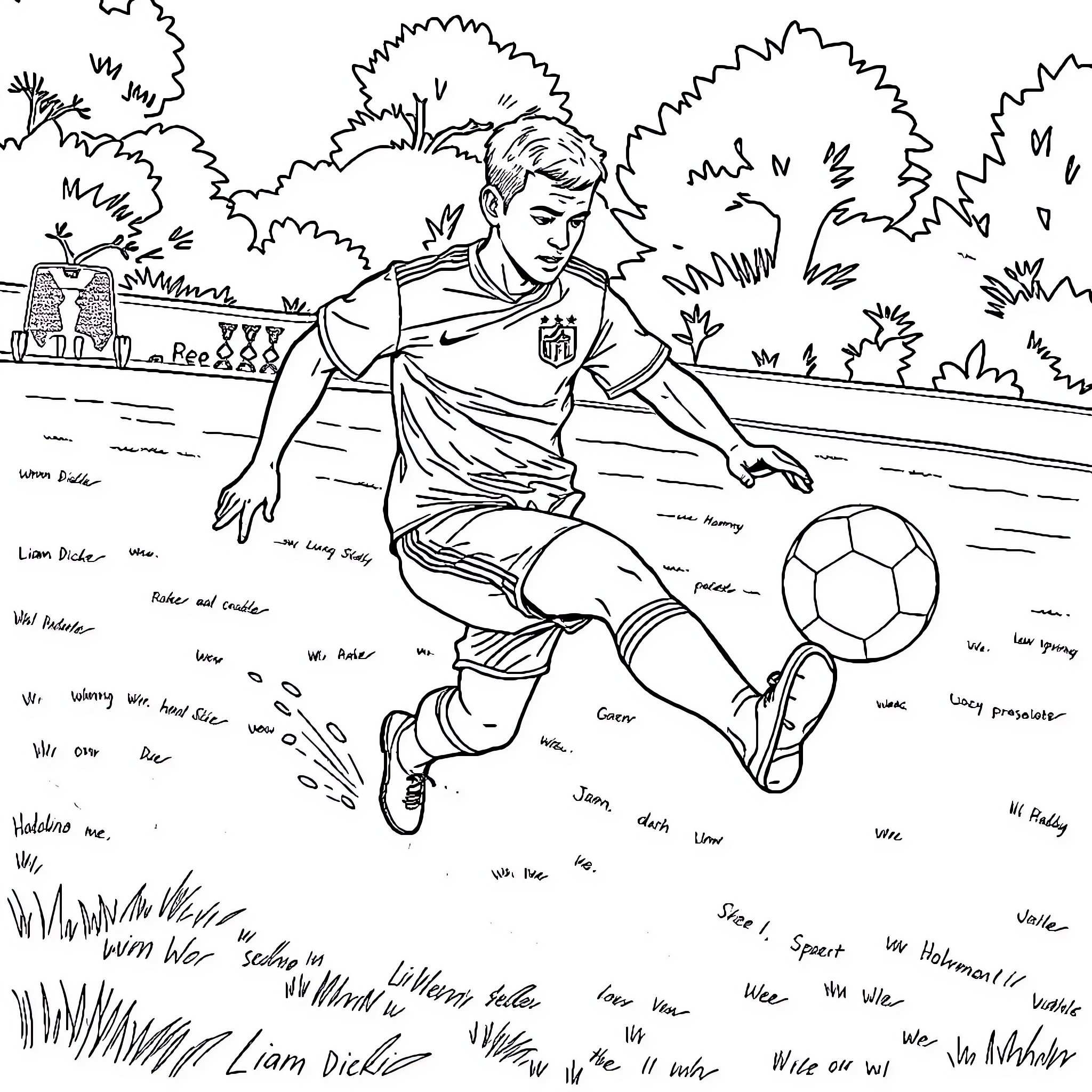 Liam Diggle playing soccer in a grassy field Coloring Page (free black-and-white line drawing printable PDF for all, from beginners to advanced learners, including children, teens, adults, and seniors)