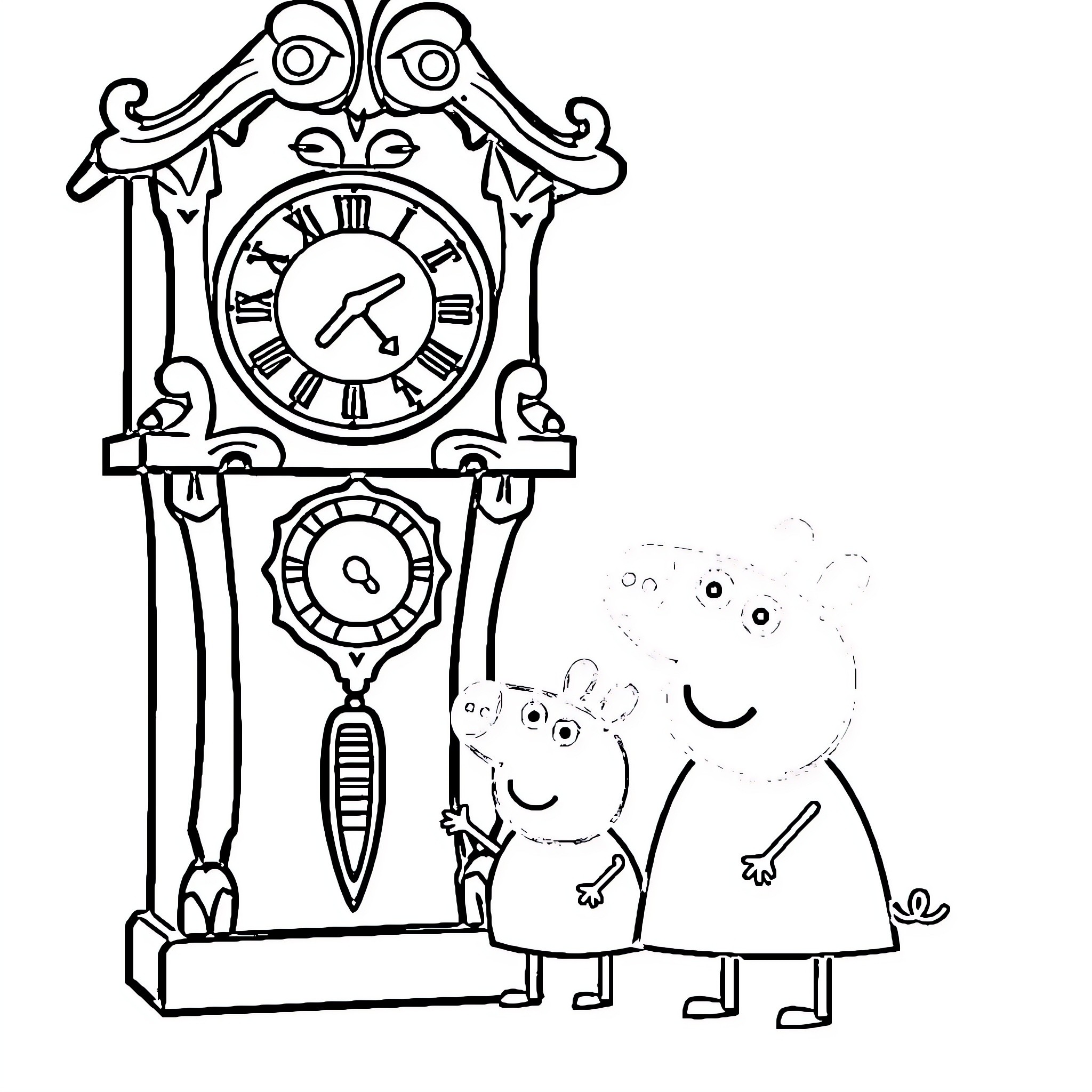 Peppa Pig and family admiring antique cuckoo clock Coloring Page (free black-and-white line drawing printable PDF for all, from beginners to advanced learners, including children, teens, adults, and seniors)
