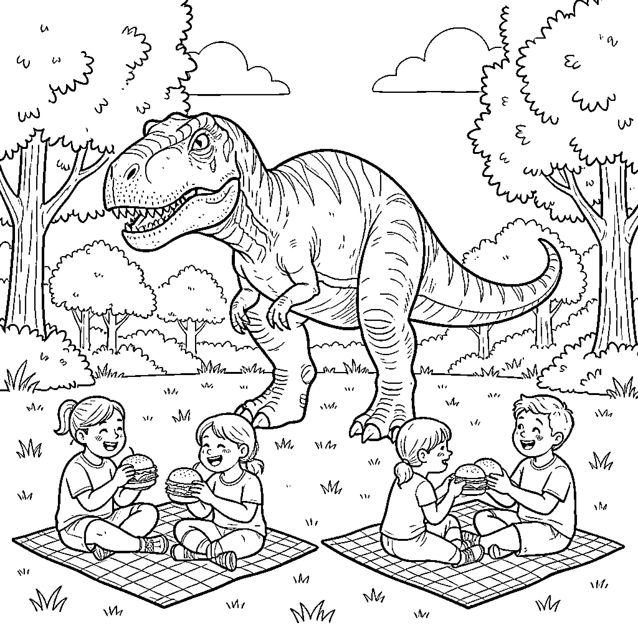 Dinosaur picnic with children in the park Coloring Page (free black-and-white line drawing printable PDF for all, from beginners to advanced learners, including children, teens, adults, and seniors)