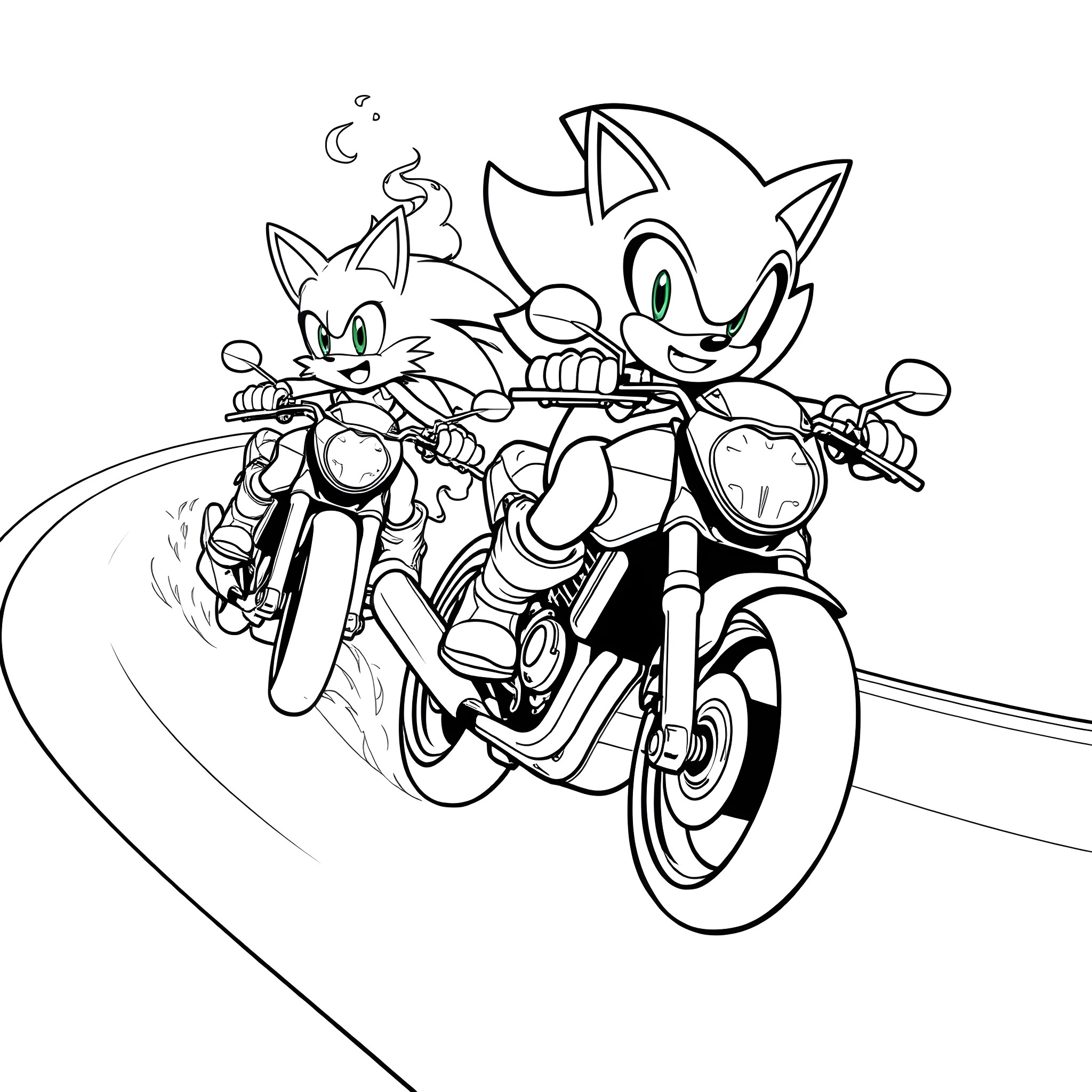 Sonic and friend riding motorcycles at high speed Coloring Page (free black-and-white line drawing printable PDF for all, from beginners to advanced learners, including children, teens, adults, and seniors)