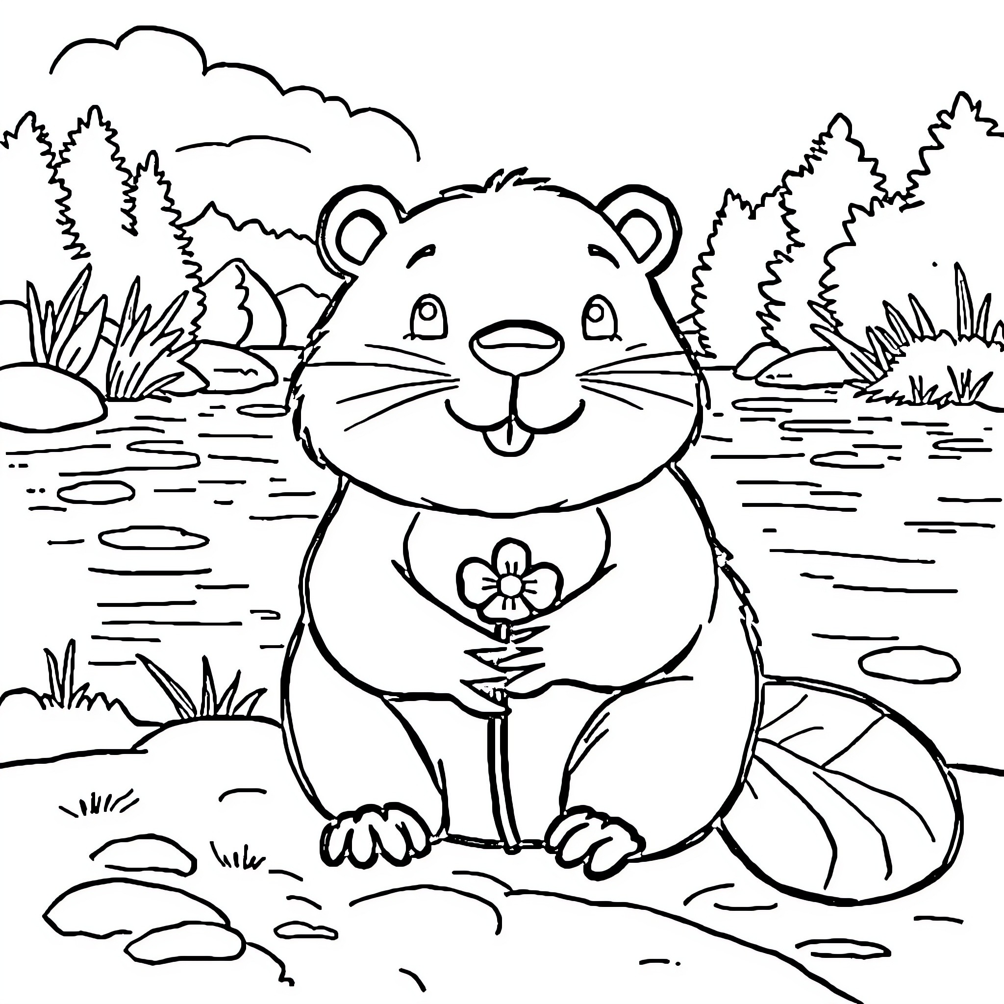 Beaver holding a flower in the forest Coloring Page (free black-and-white line drawing printable PDF for all, from beginners to advanced learners, including children, teens, adults, and seniors)