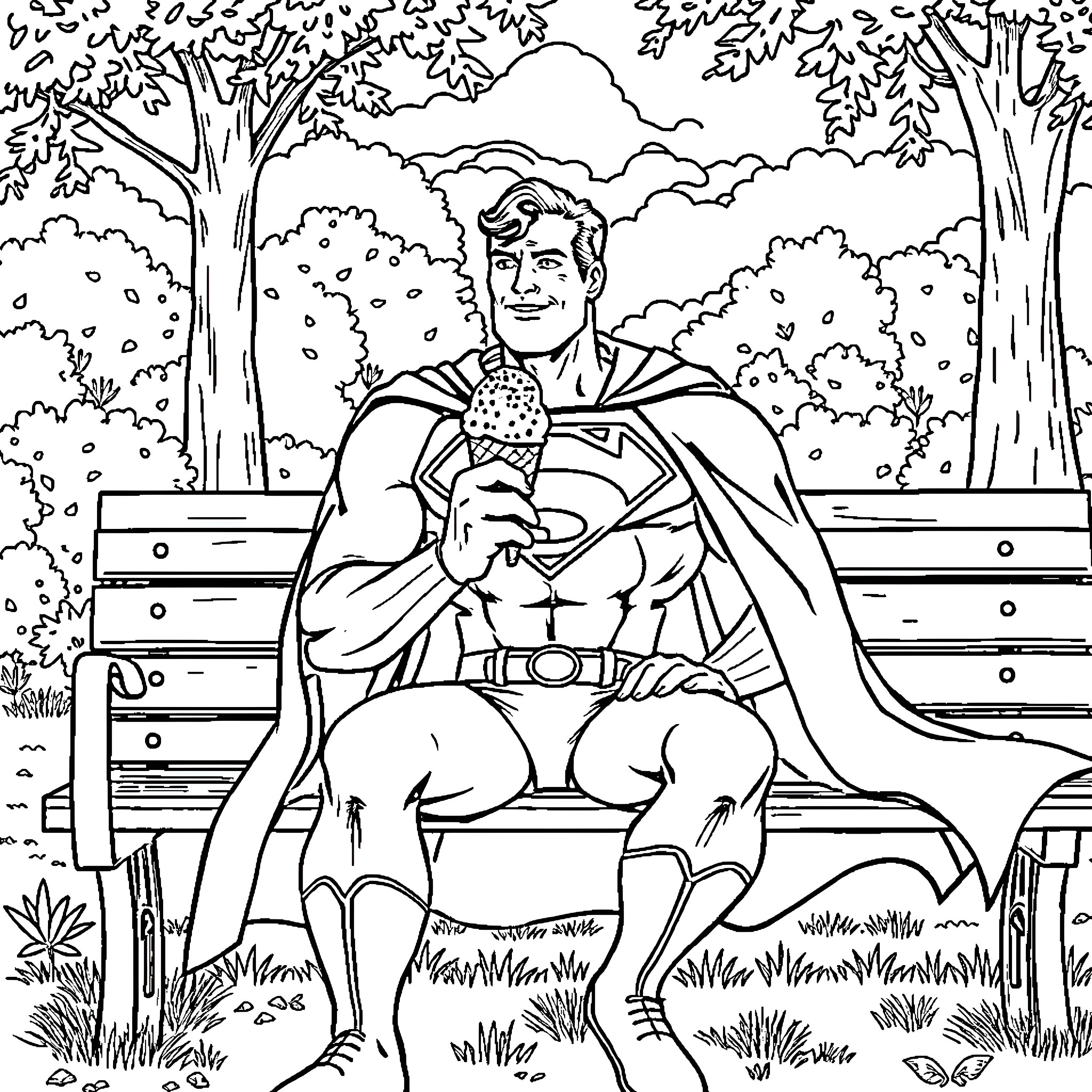 Superman relaxing on a park bench Coloring Page (free black-and-white line drawing printable PDF for all, from beginners to advanced learners, including children, teens, adults, and seniors)