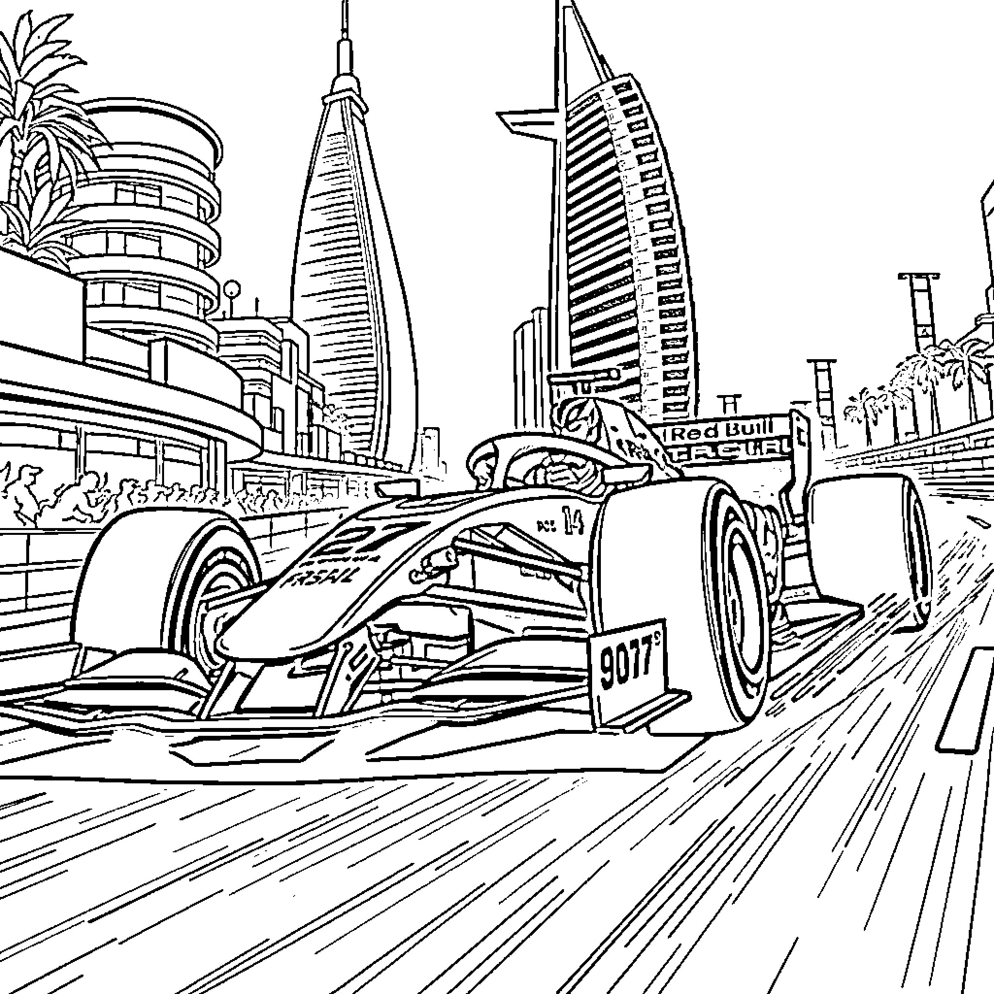 Car racing through the futuristic city skyline Coloring Page (free black-and-white line drawing printable PDF for all, from beginners to advanced learners, including children, teens, adults, and seniors)