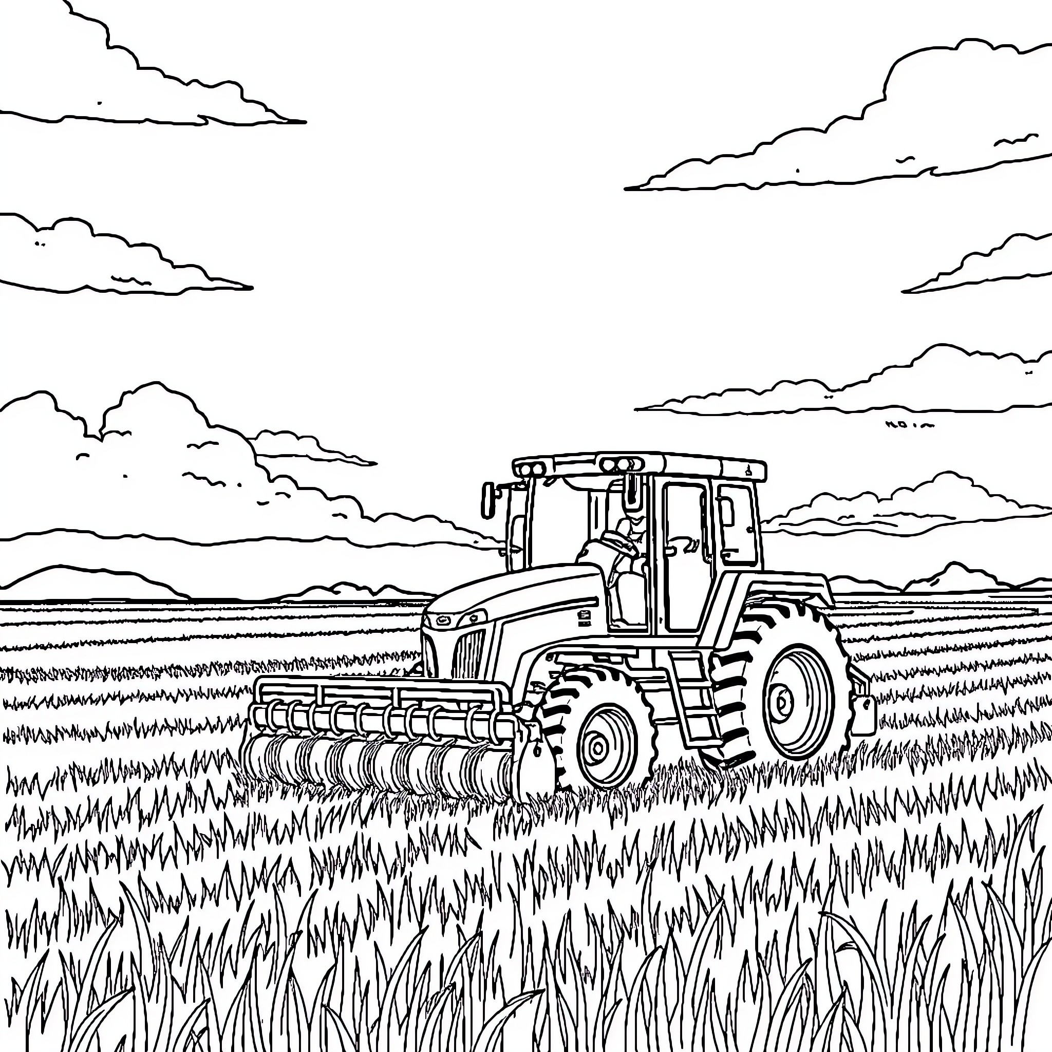 Farmer operating tractor in the field Coloring Page (free black-and-white line drawing printable PDF for all, from beginners to advanced learners, including children, teens, adults, and seniors)